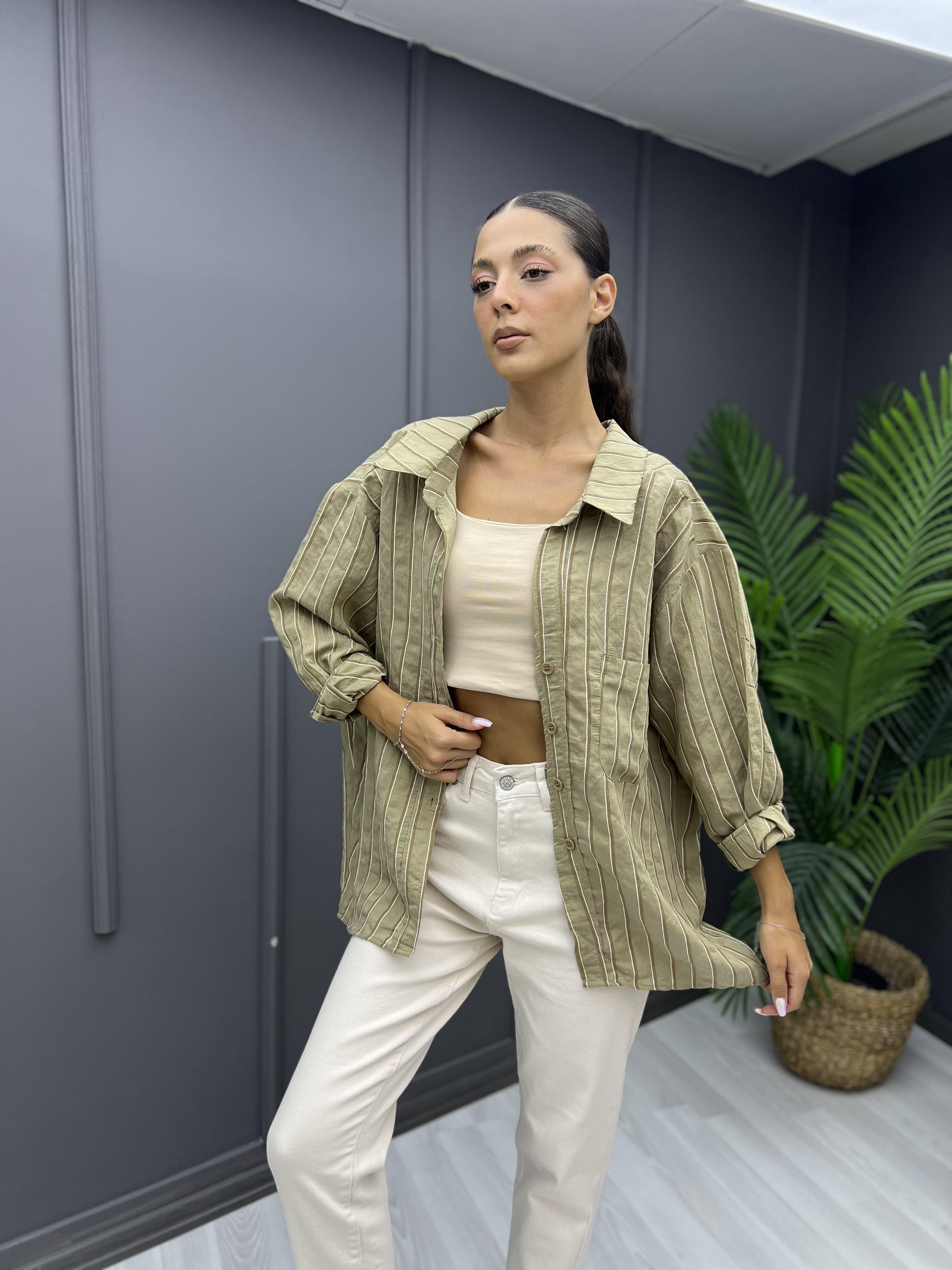 Çizgili Oversize Gömlek Küfyeşili