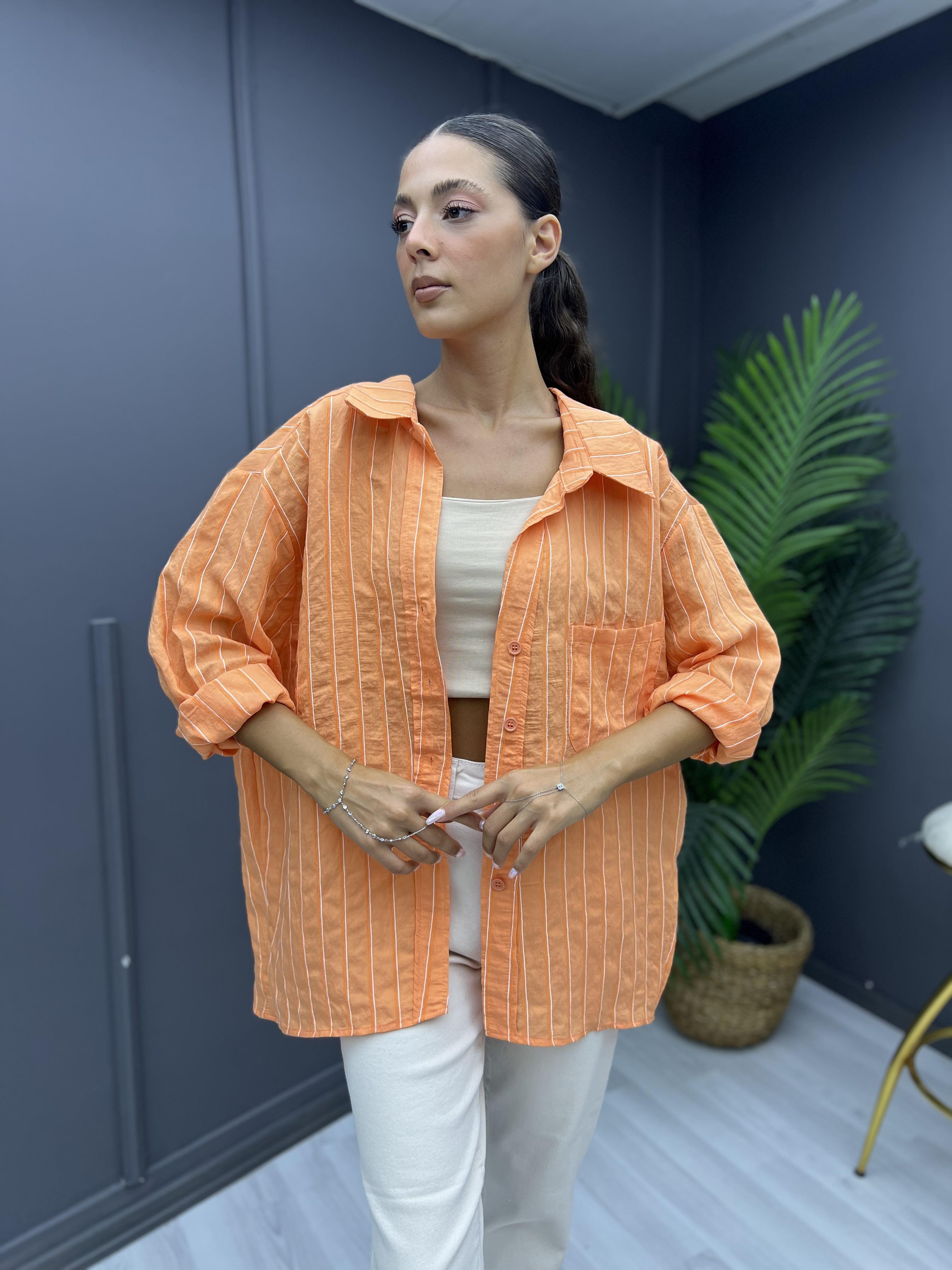 Çizgili Oversize Gömlek Oranj