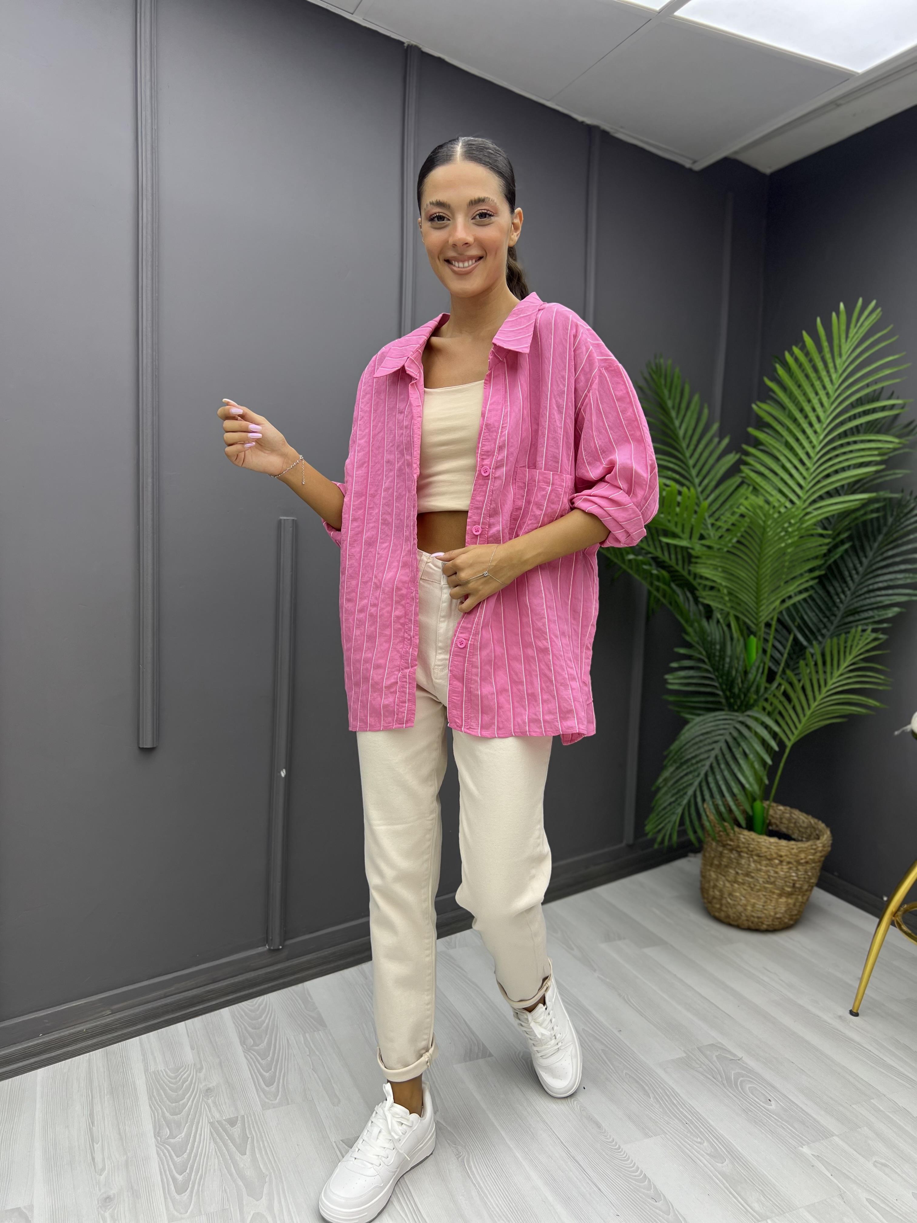 Çizgili Oversize Gömlek Pembe