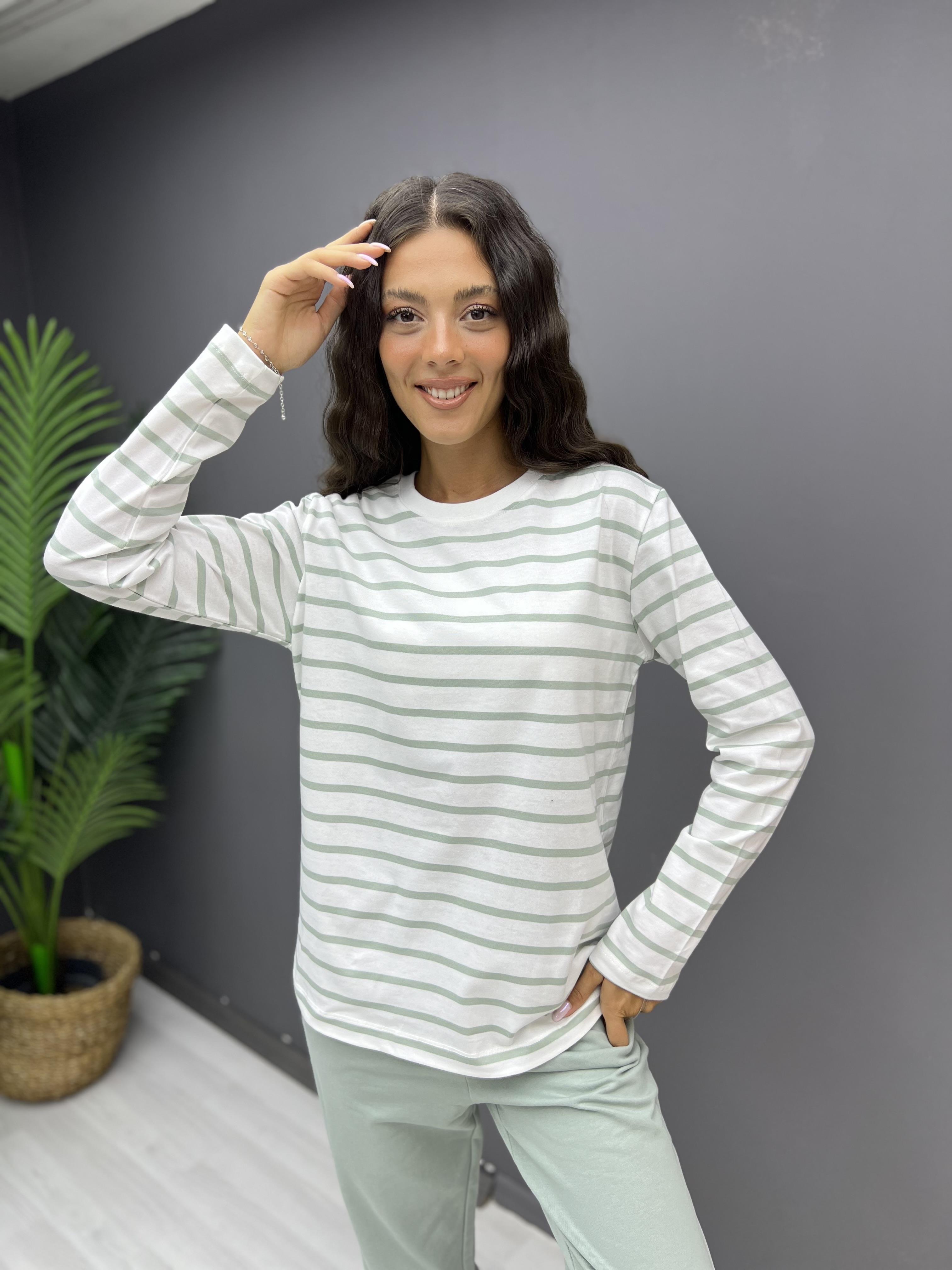 Çizgili Pamuklu Sweat Mint Yeşili