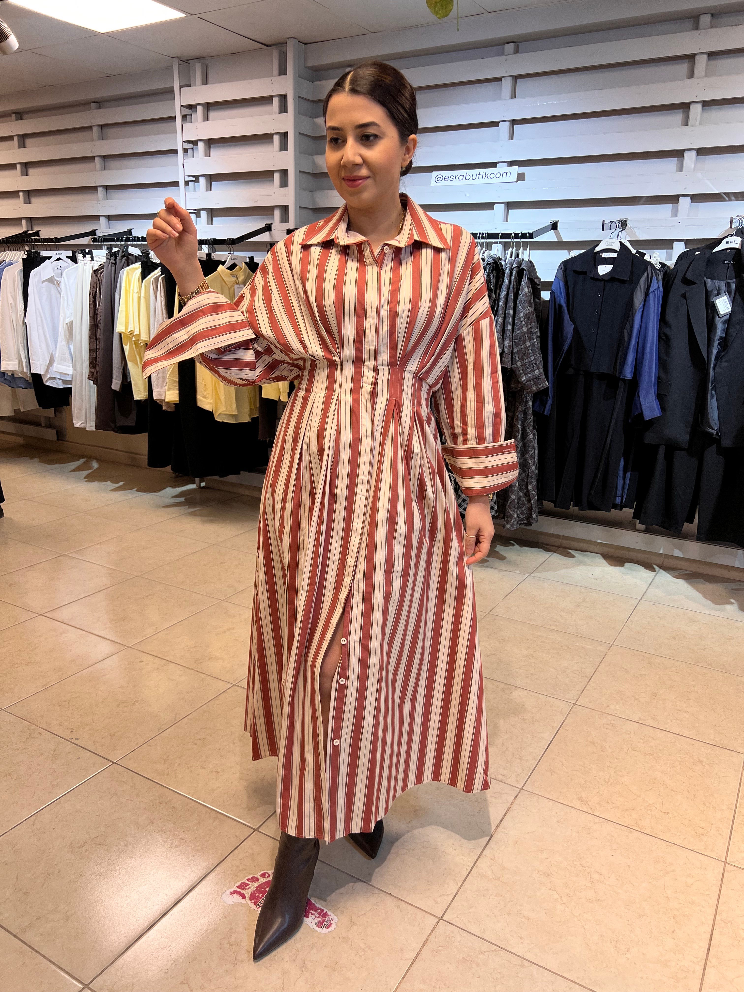 Çizgili Pensli Elbise Taş