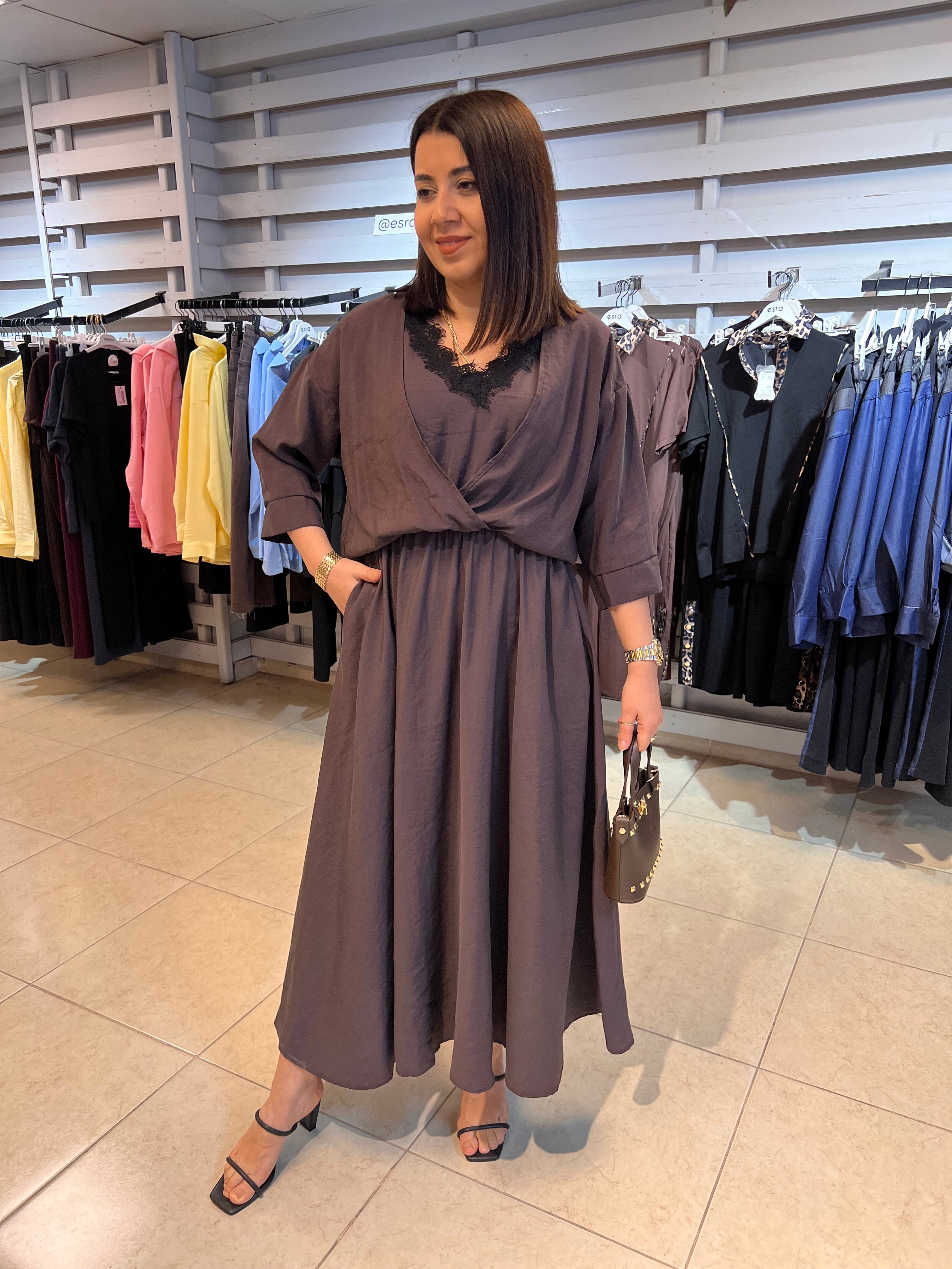 Dantelli Gömlek Detay Elbise Kahverengi