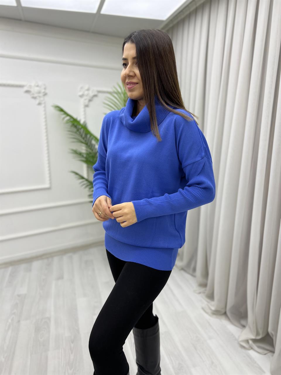 Degaje Yaka Cepli Triko Bluz İndigo