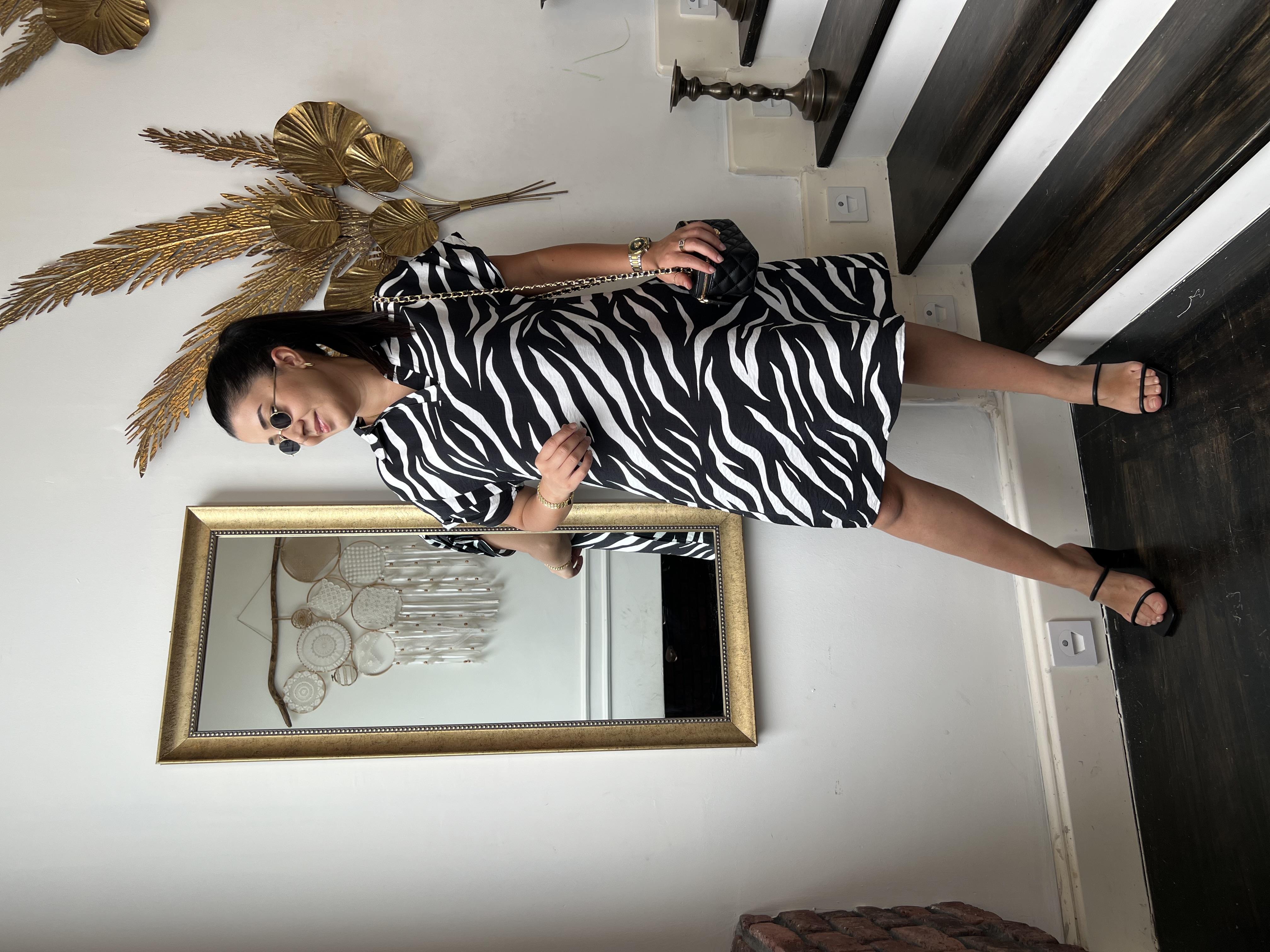 Desenli Polo Yaka Elbise Zebra Desen