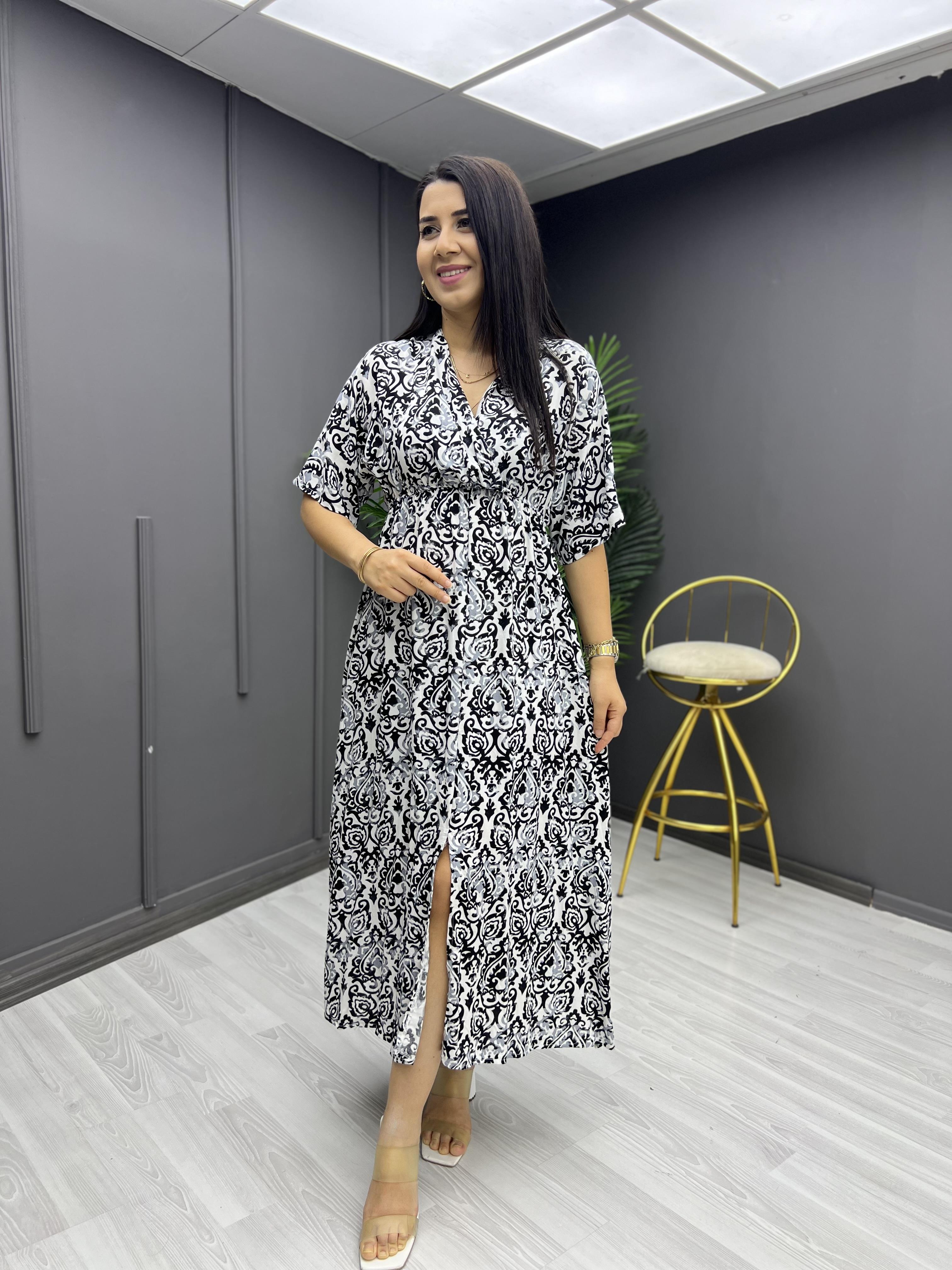 Desenli Viskon Kruvaze Elbise Siyah