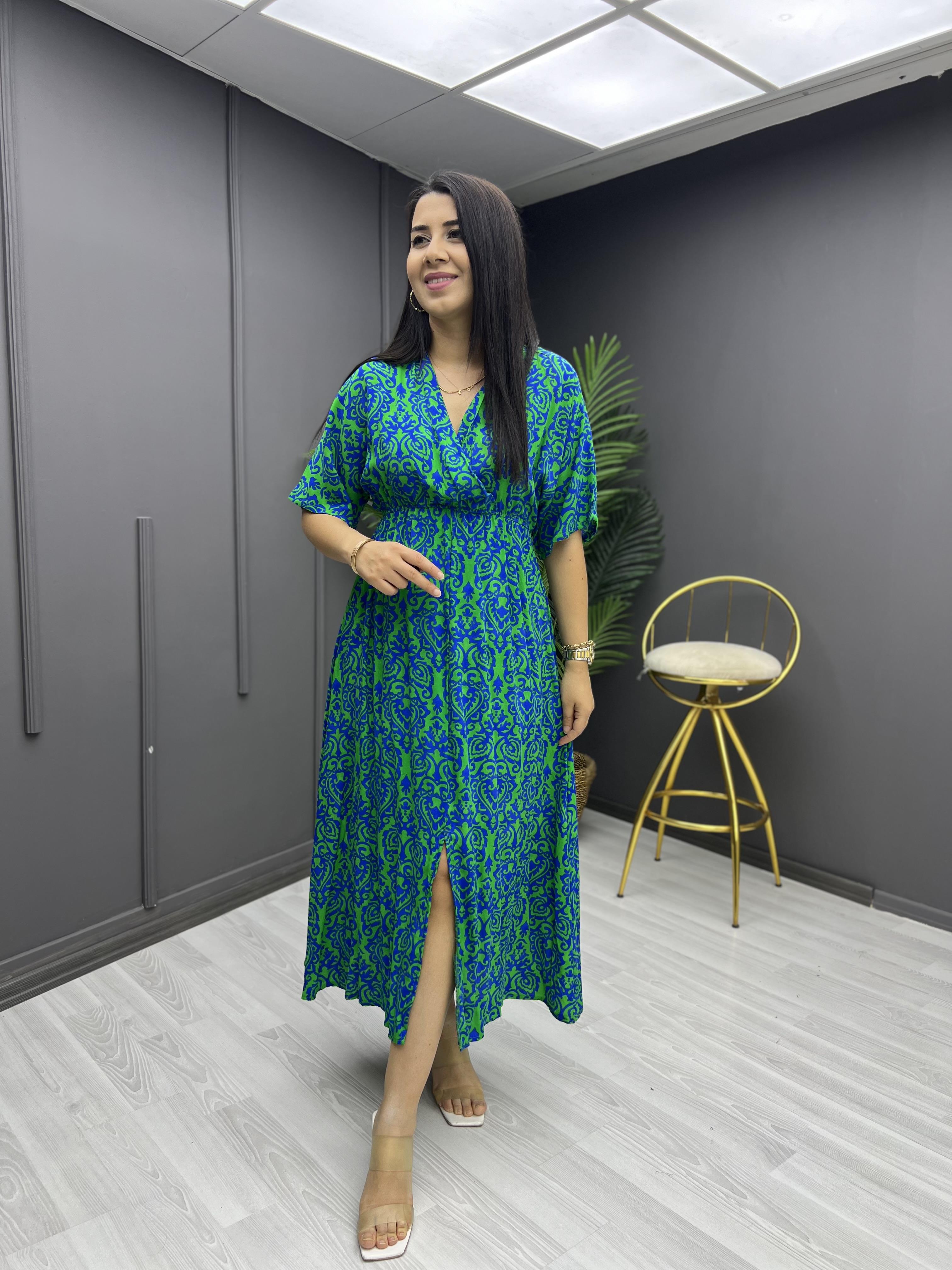 Desenli Viskon Kruvaze Elbise Yeşil