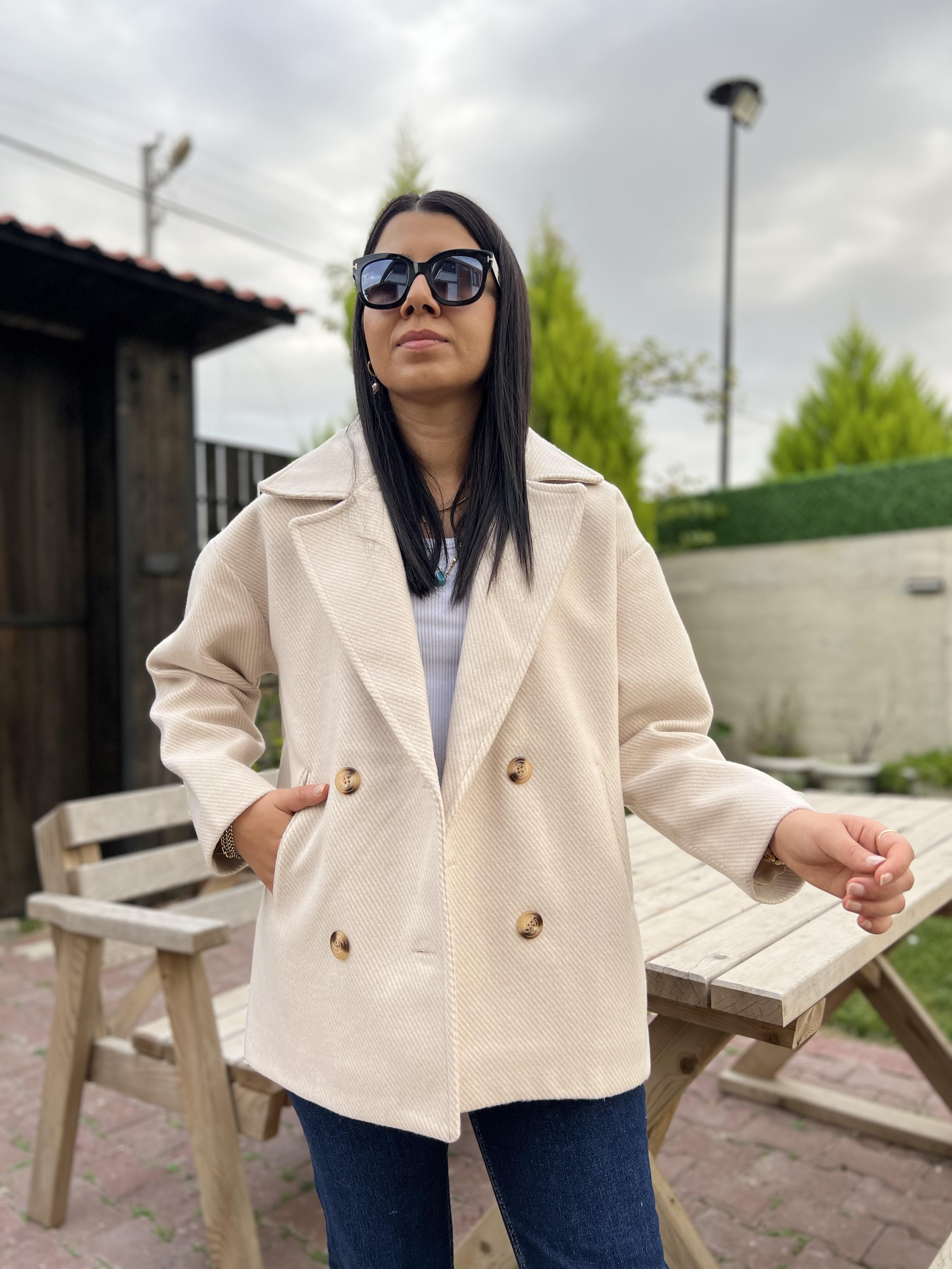 Diagonel Kaşe Kaban Ekru