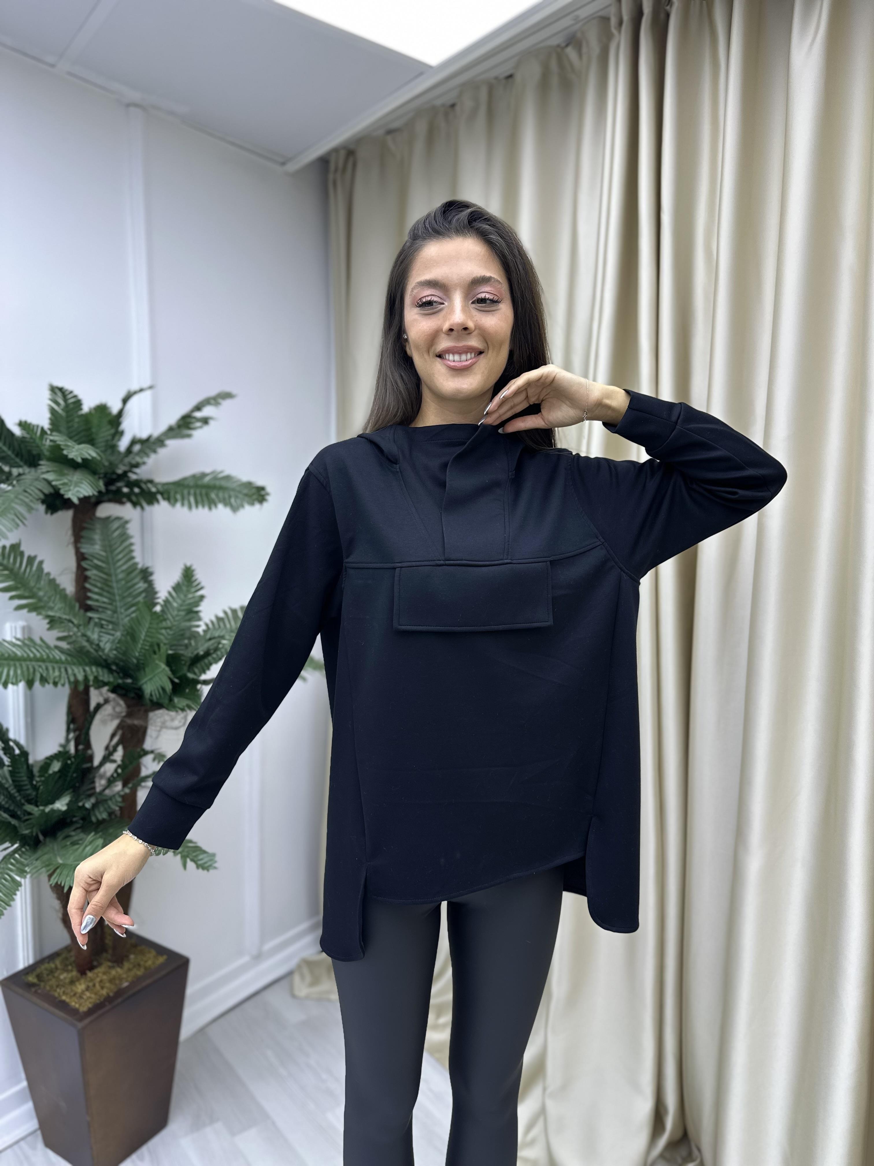 Dik Yaka Kapişonlu Modal Sweat Siyah