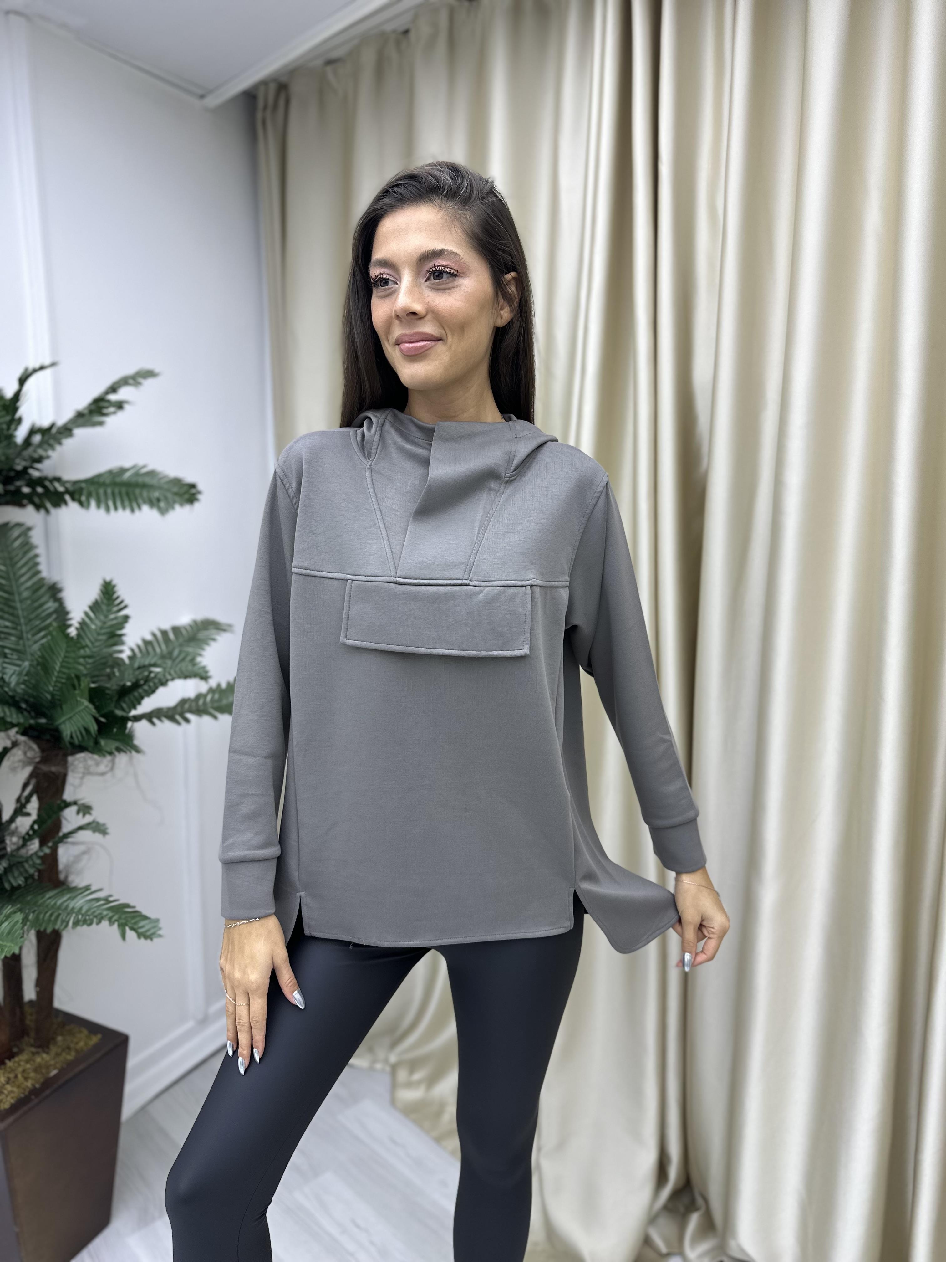 Dik Yaka Kapişonlu Modal Sweat Vizon