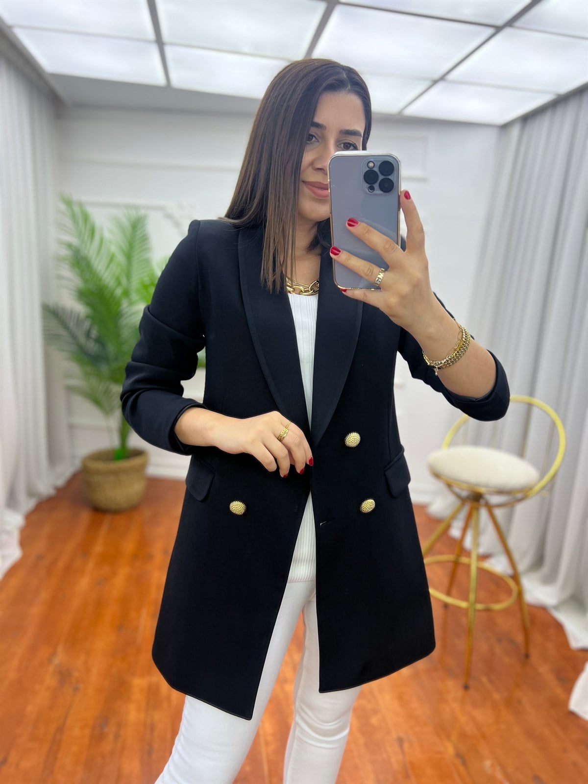 Dört Düğme Fitilli Doku Ottoman Blazer Ceket Siyah