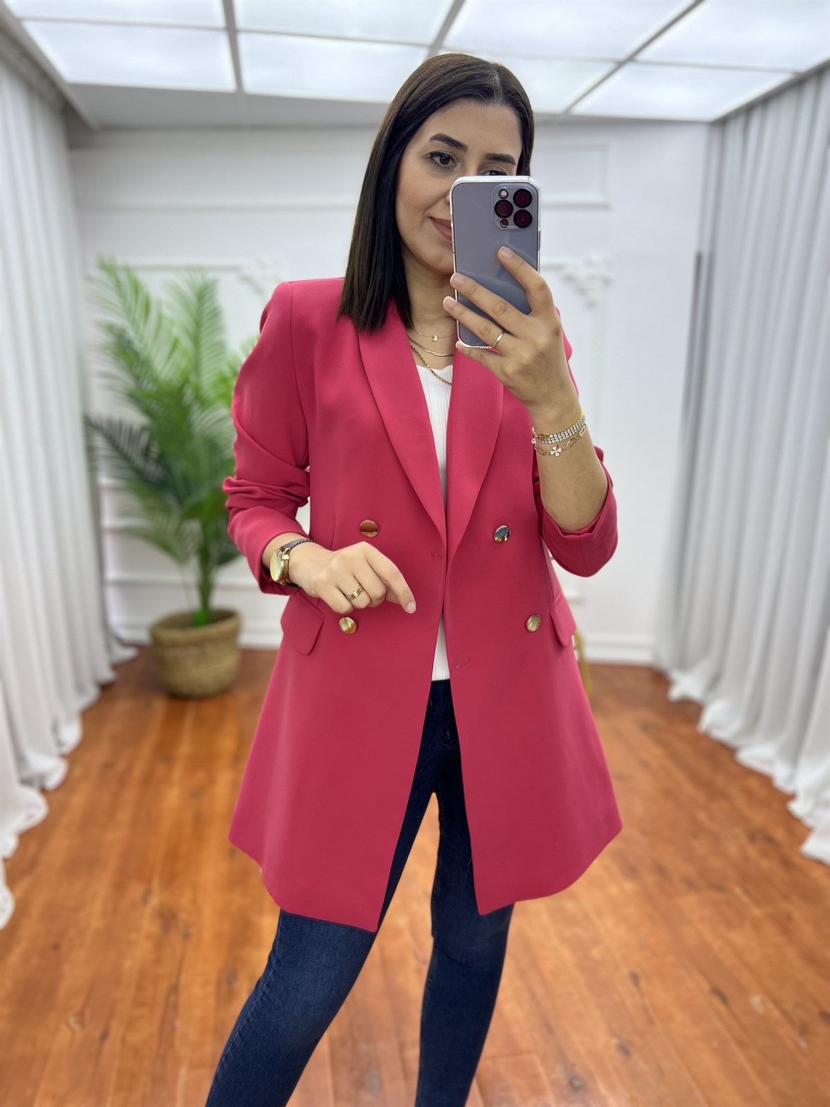 Dört Düğmeli Atlas Blazer Ceket Fuşya