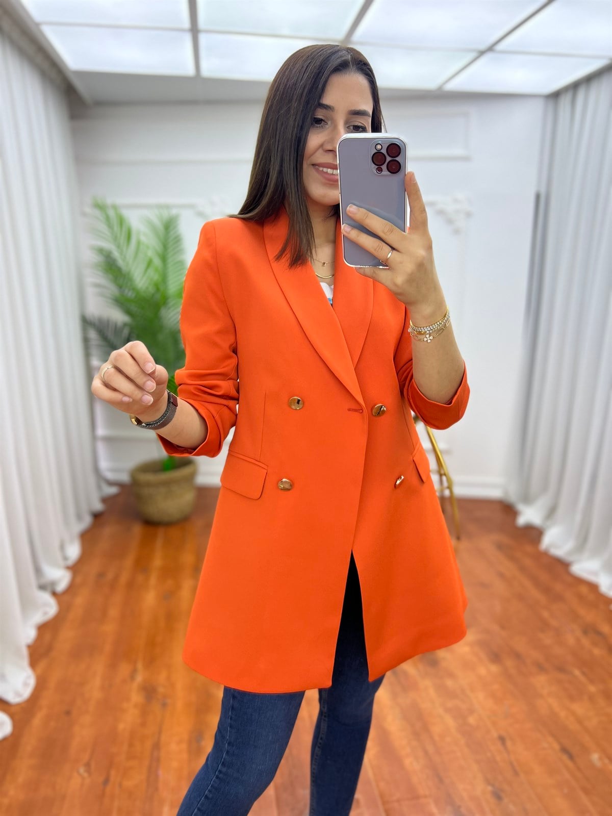 Dört Düğmeli Atlas Blazer Ceket Oranj