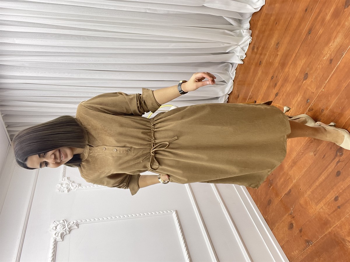 Düğmeli Kadife Elbise Camel