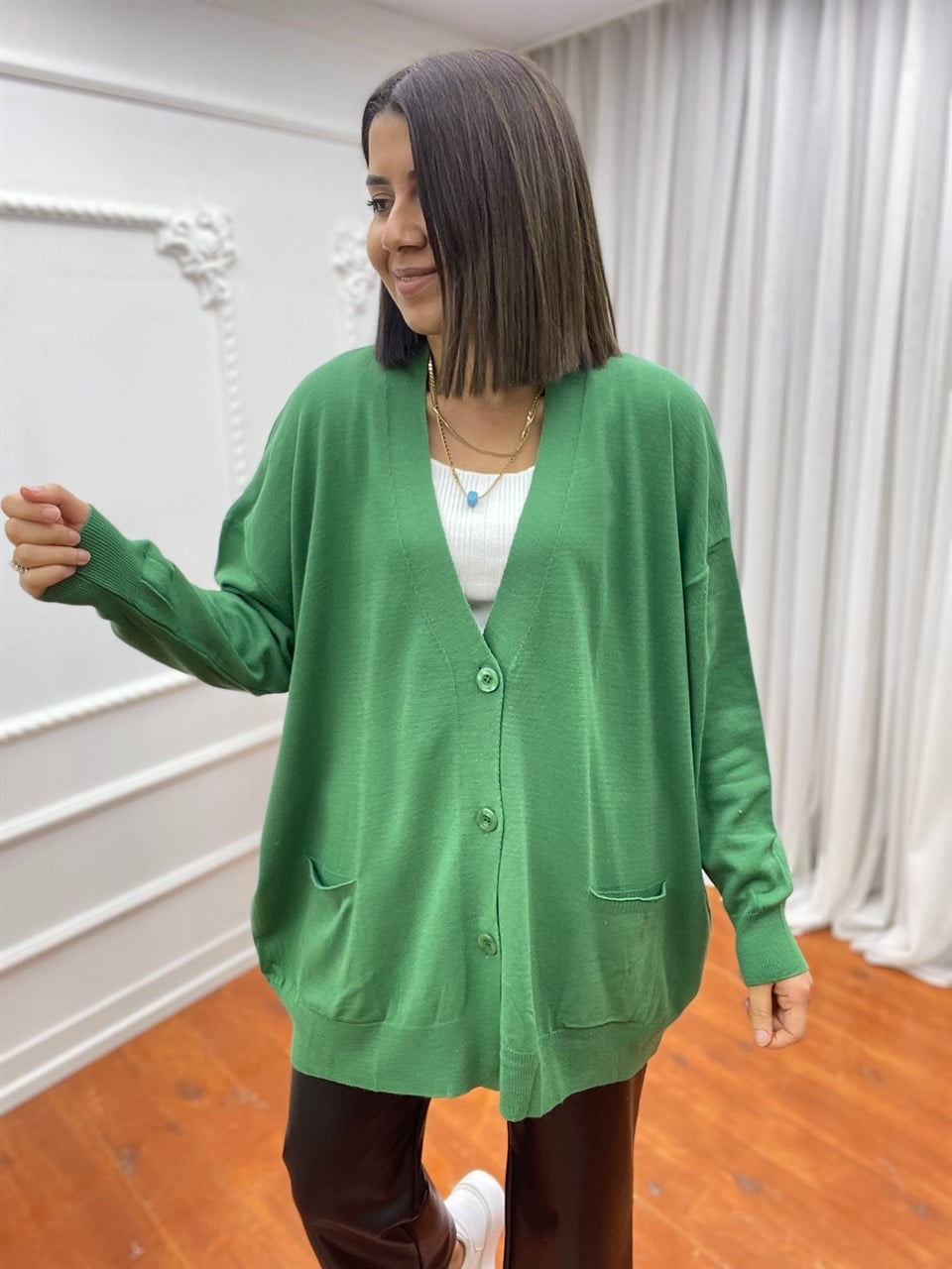 Düğmeli Oversize Hırka Yeşil