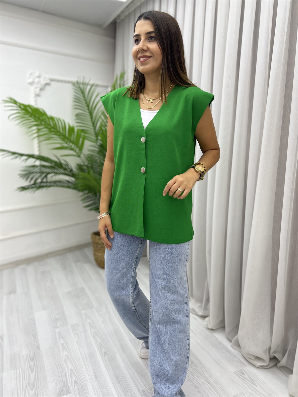Düğmeli Oversize Yelek Çimenyeşili