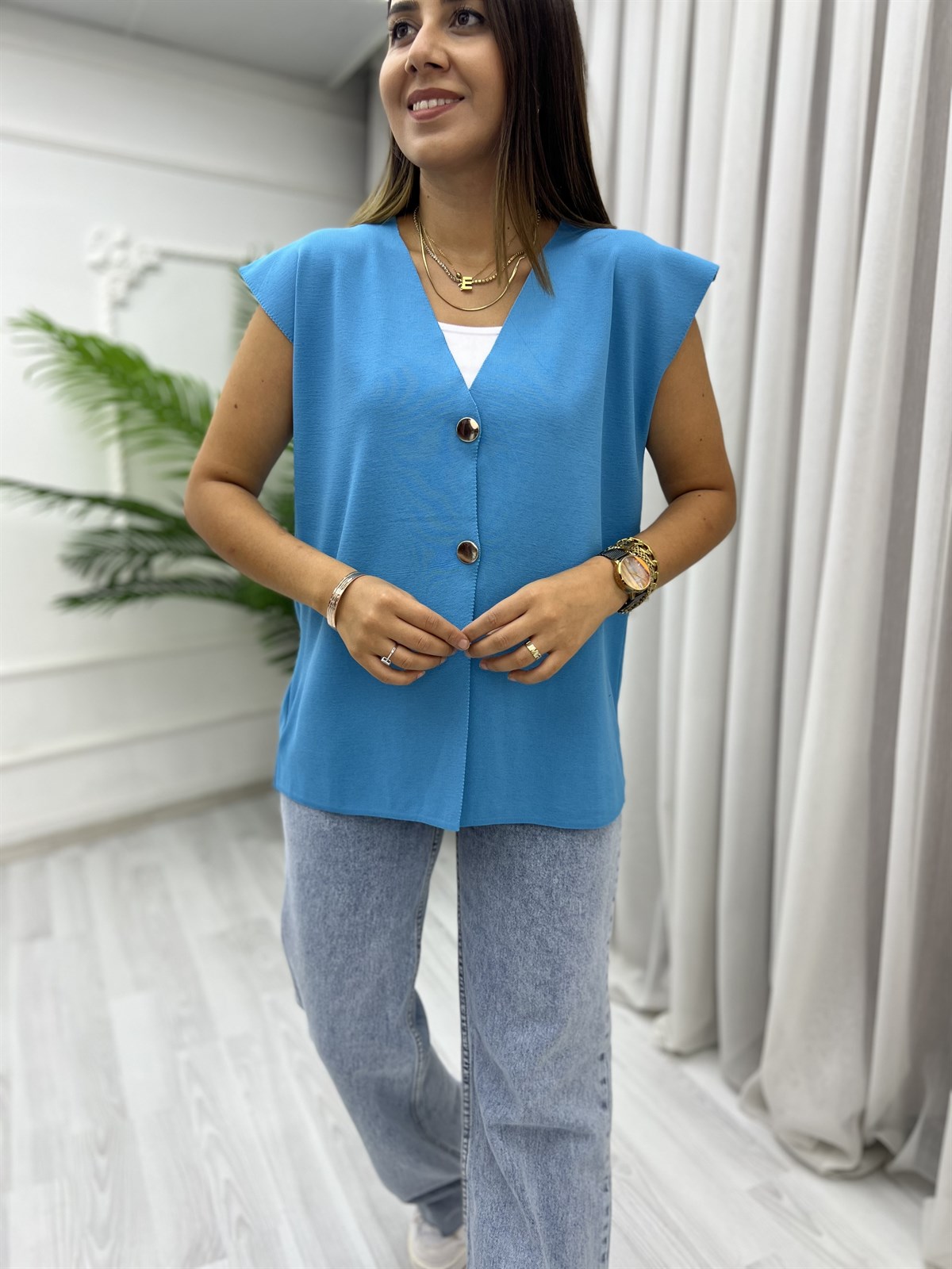Düğmeli Oversize Yelek Mavi