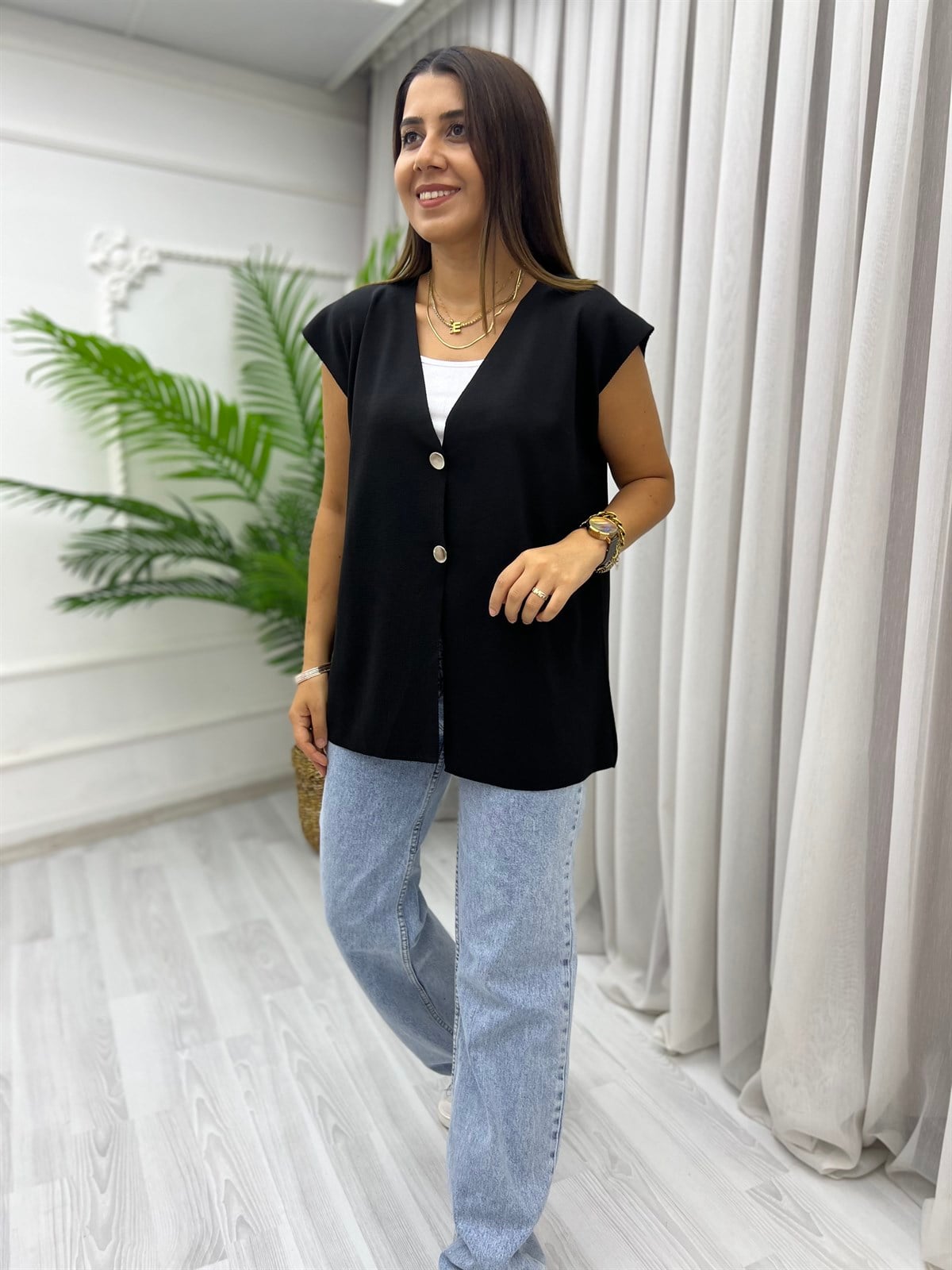 Düğmeli Oversize Yelek Siyah