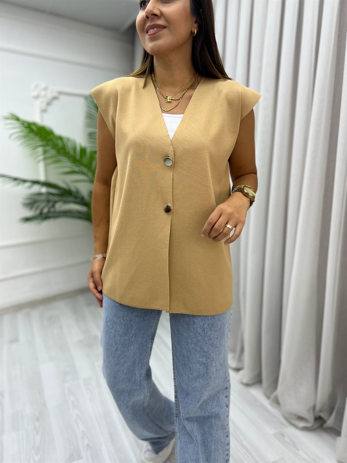 Düğmeli Oversize Yelek Vizon