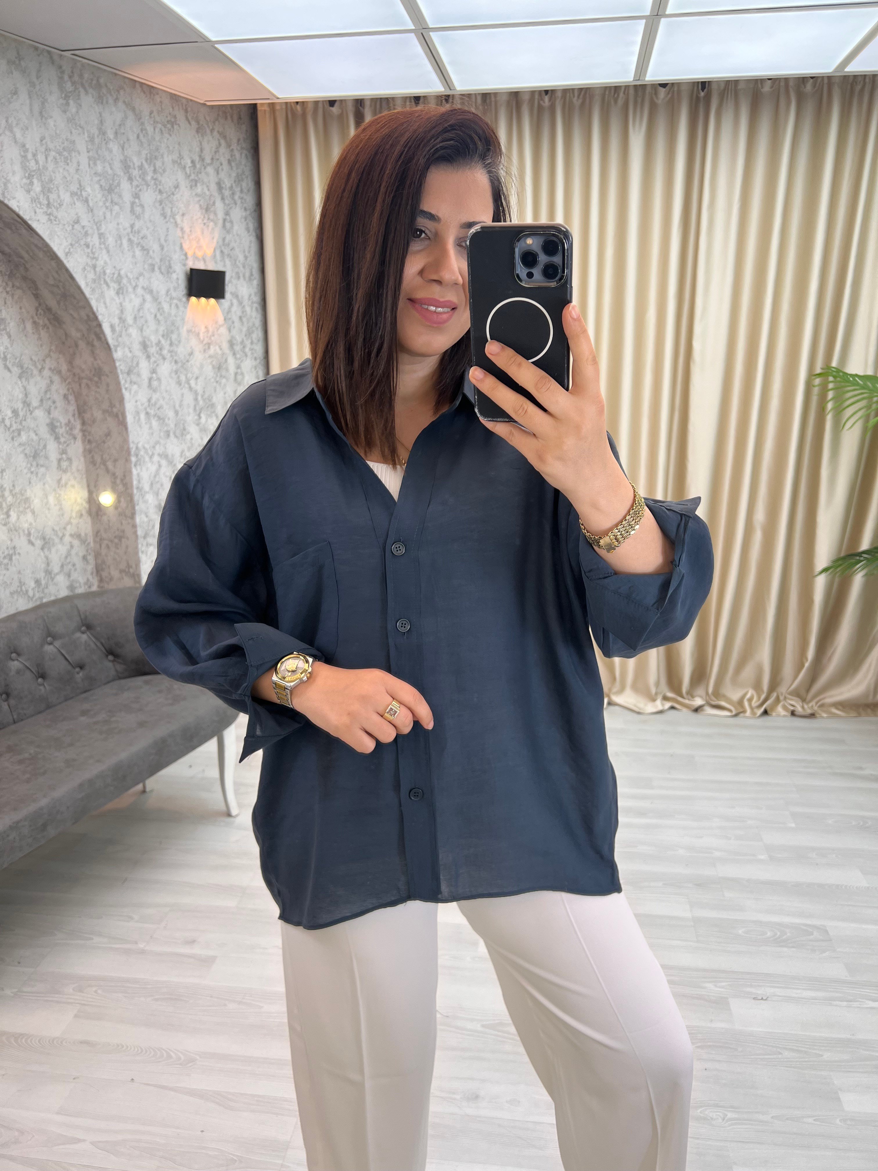 Düşük Omuzlu Oversize Gömlek Lacivert