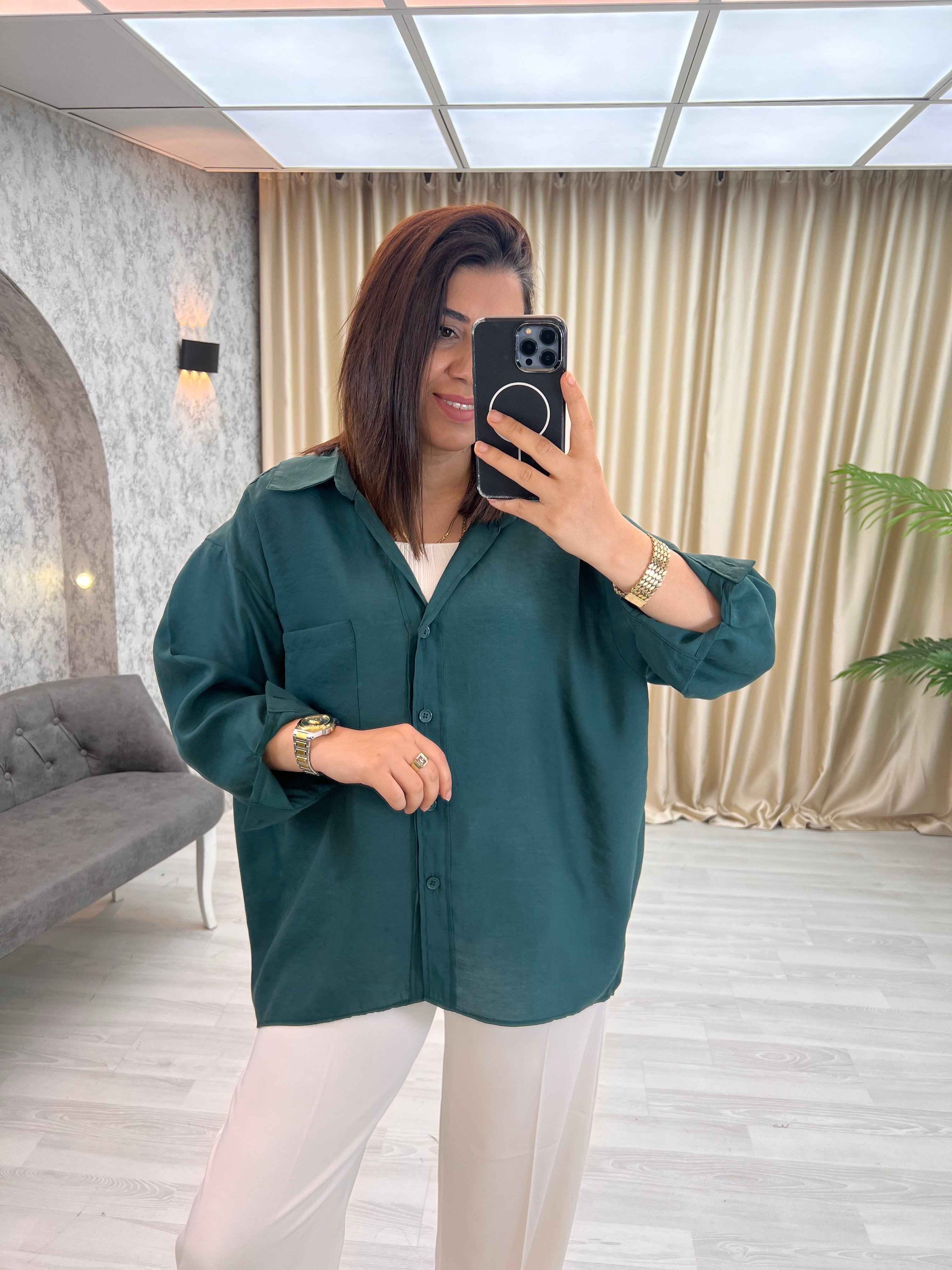 Düşük Omuzlu Oversize Gömlek Zümrüt Yeşil