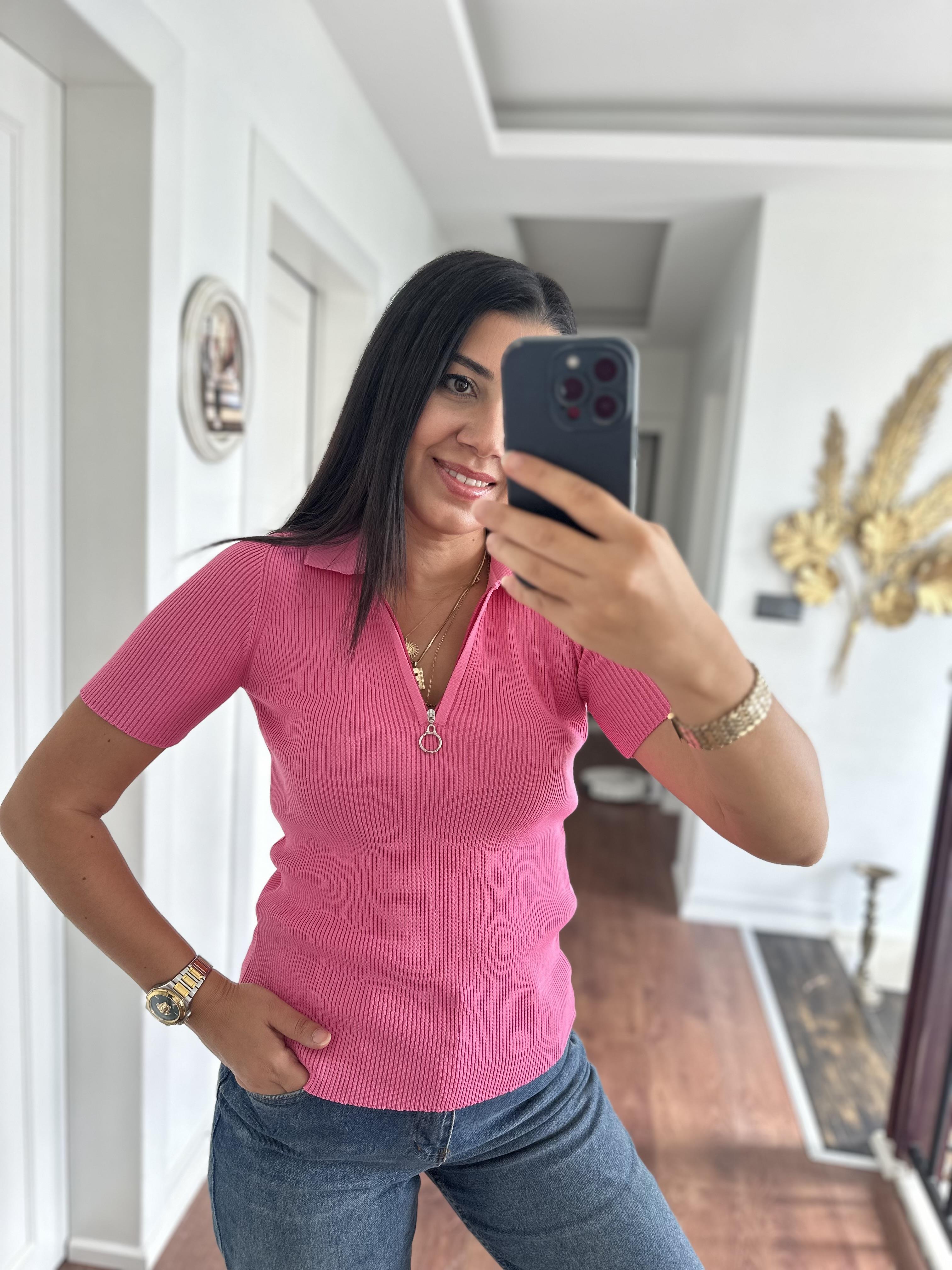 Fermuarlı Polo Yaka Triko Bluz Pembe