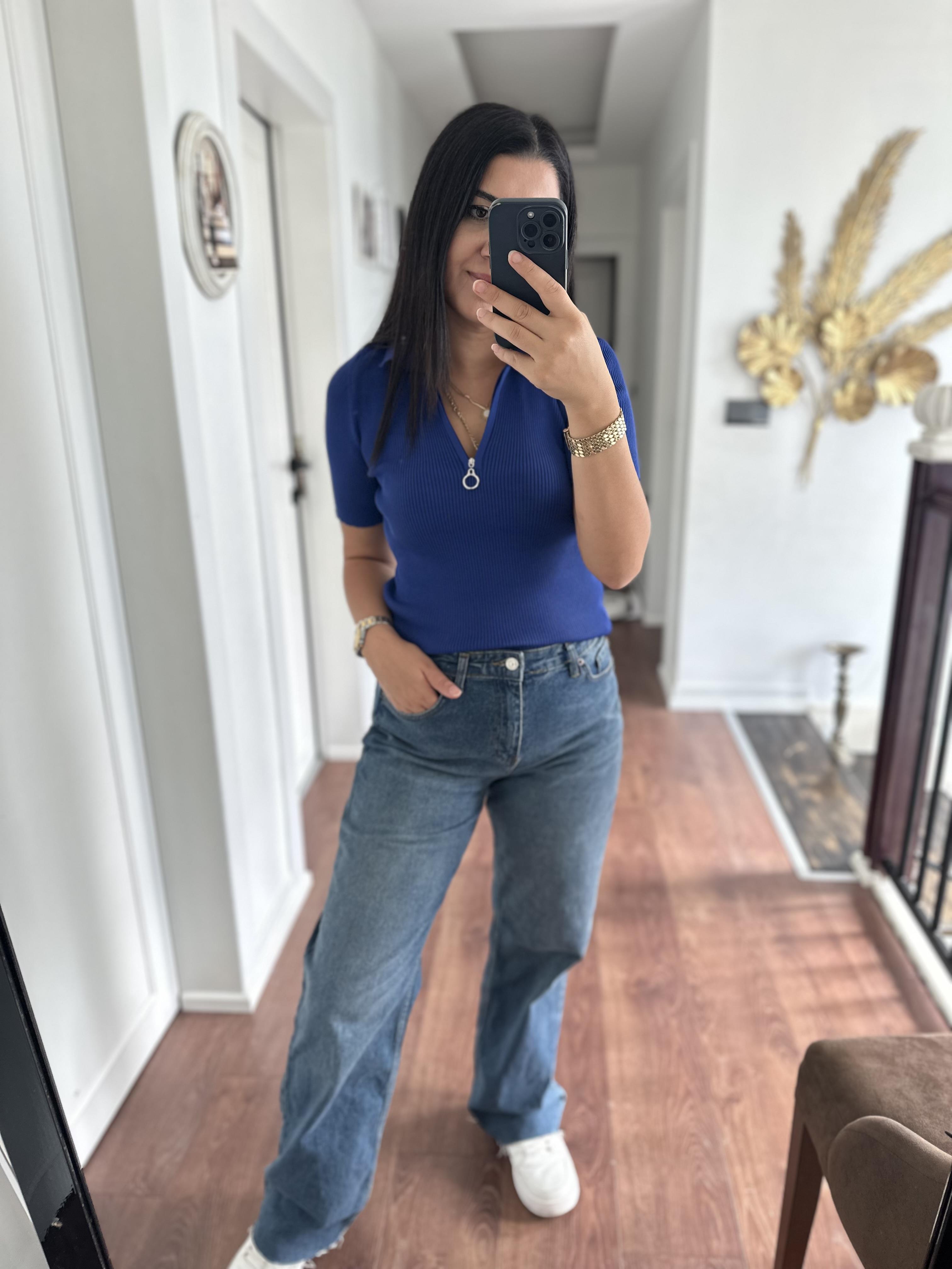 Fermuarlı Polo Yaka Triko Bluz Saks