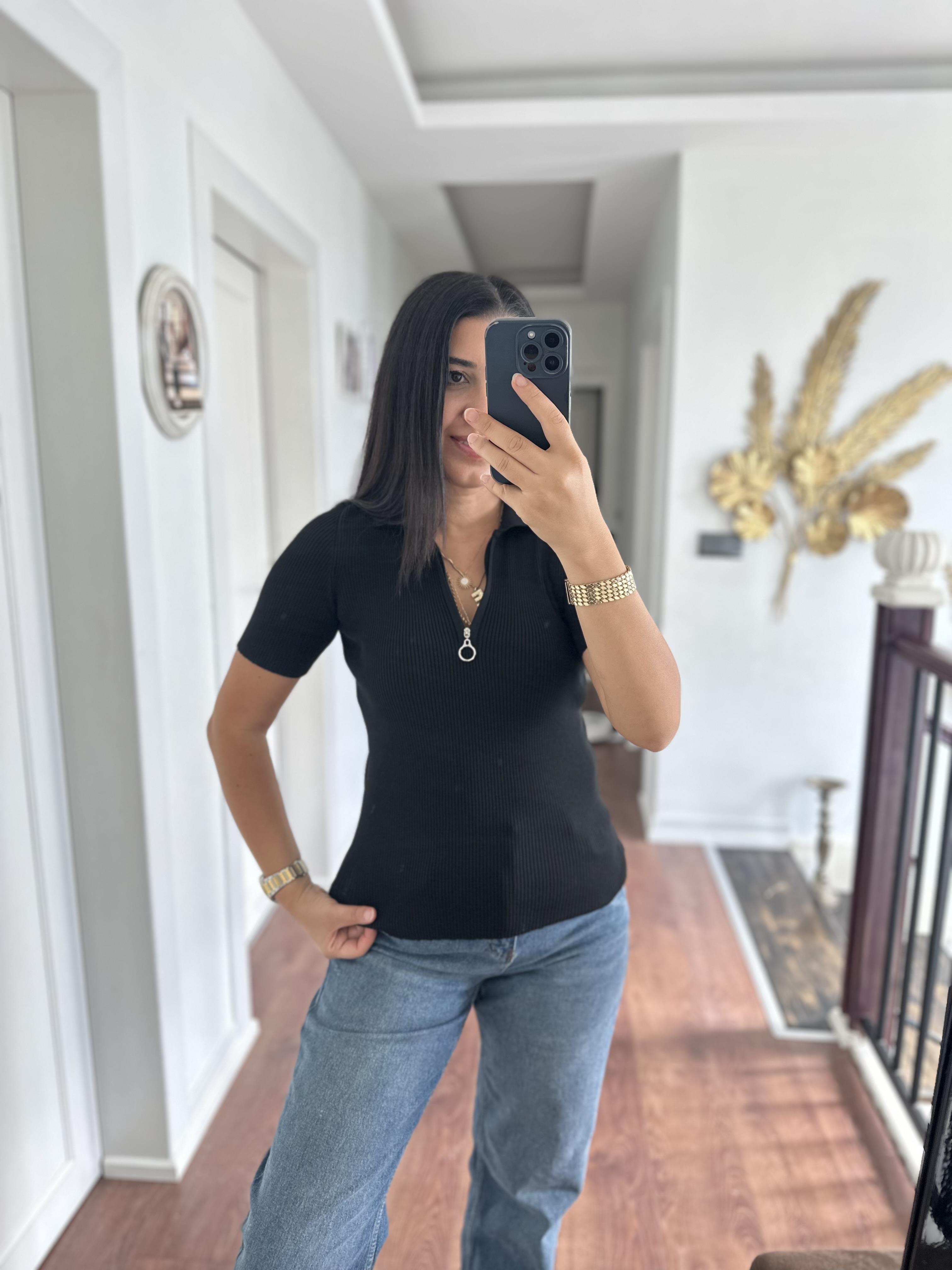 Fermuarlı Polo Yaka Triko Bluz Siyah