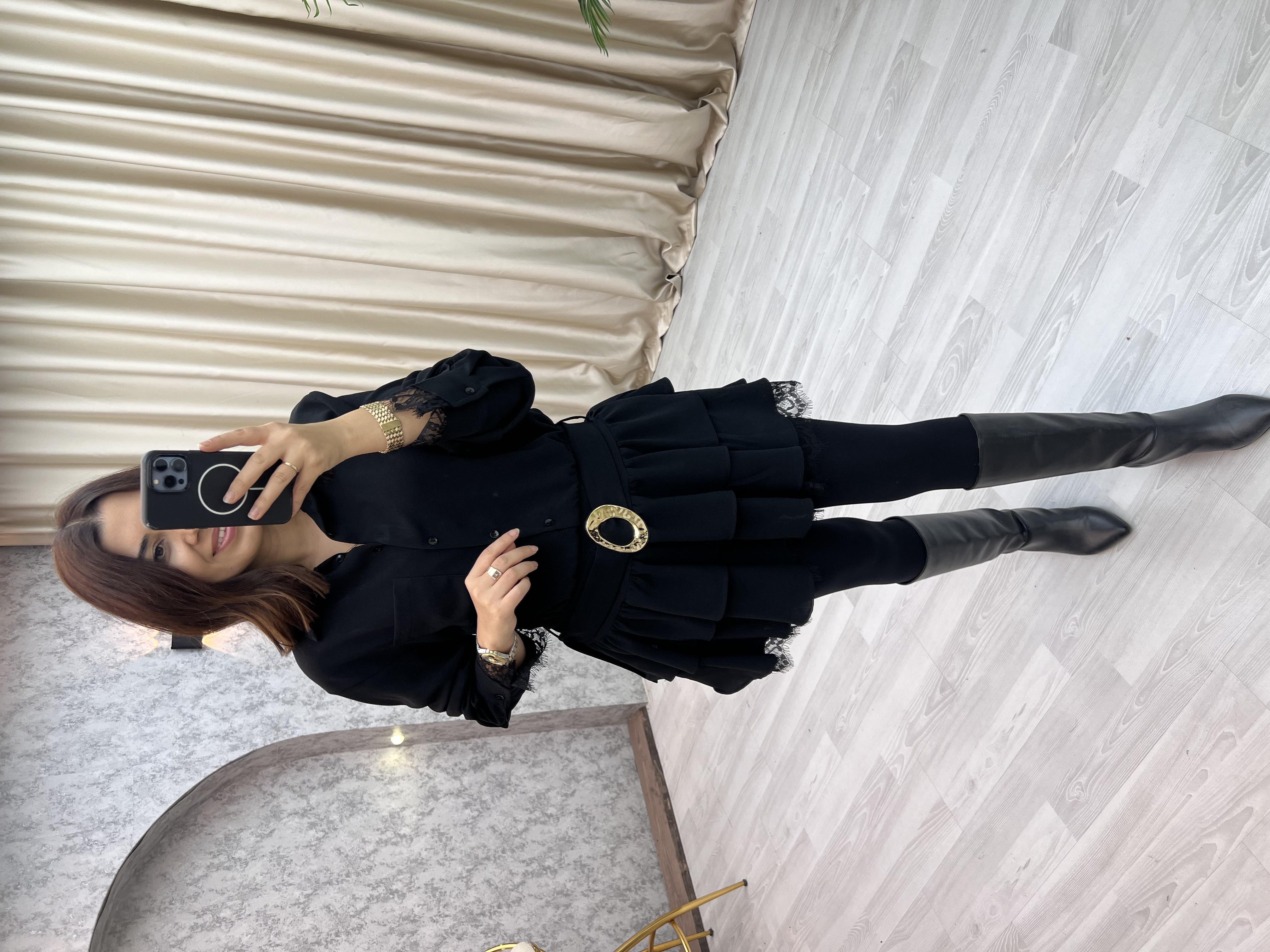 Fırfırlı lı Gömlek Detay Elbise Siyah