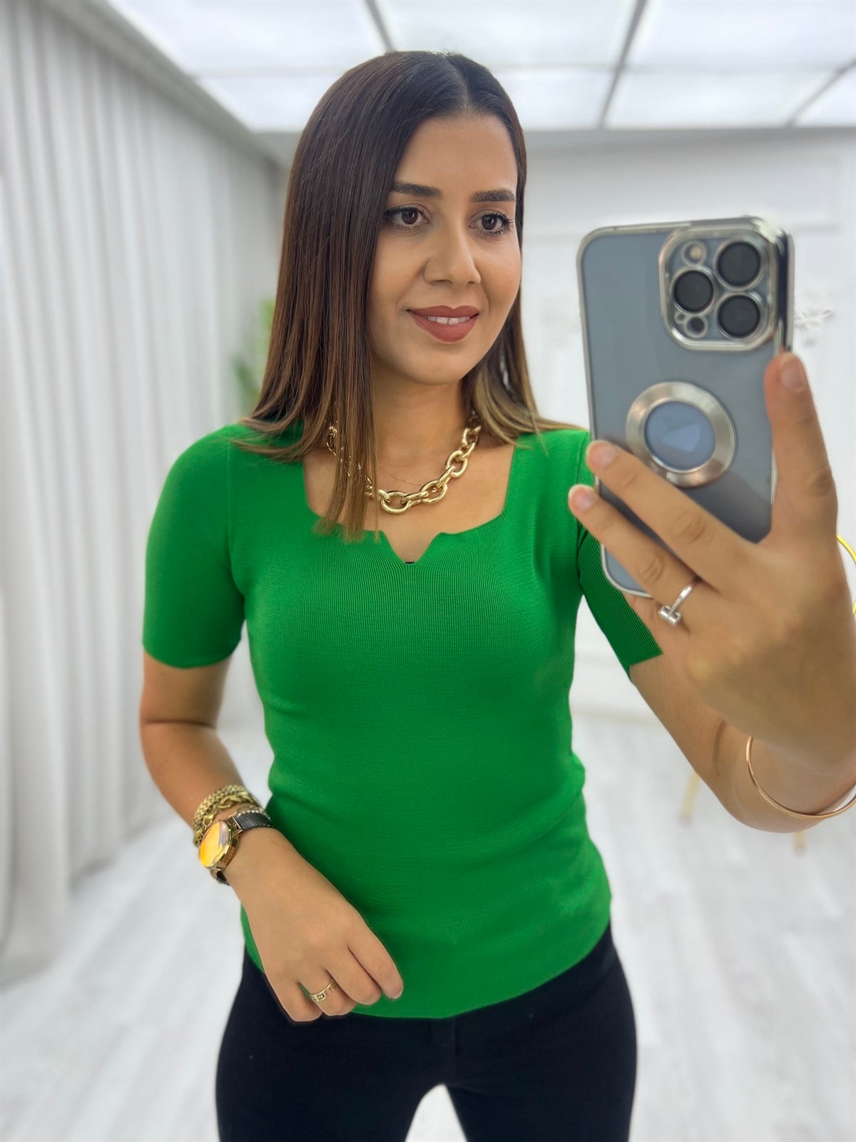 Fitilli Açma V Yaka Yarım Kol Bluz Çimenyeşili
