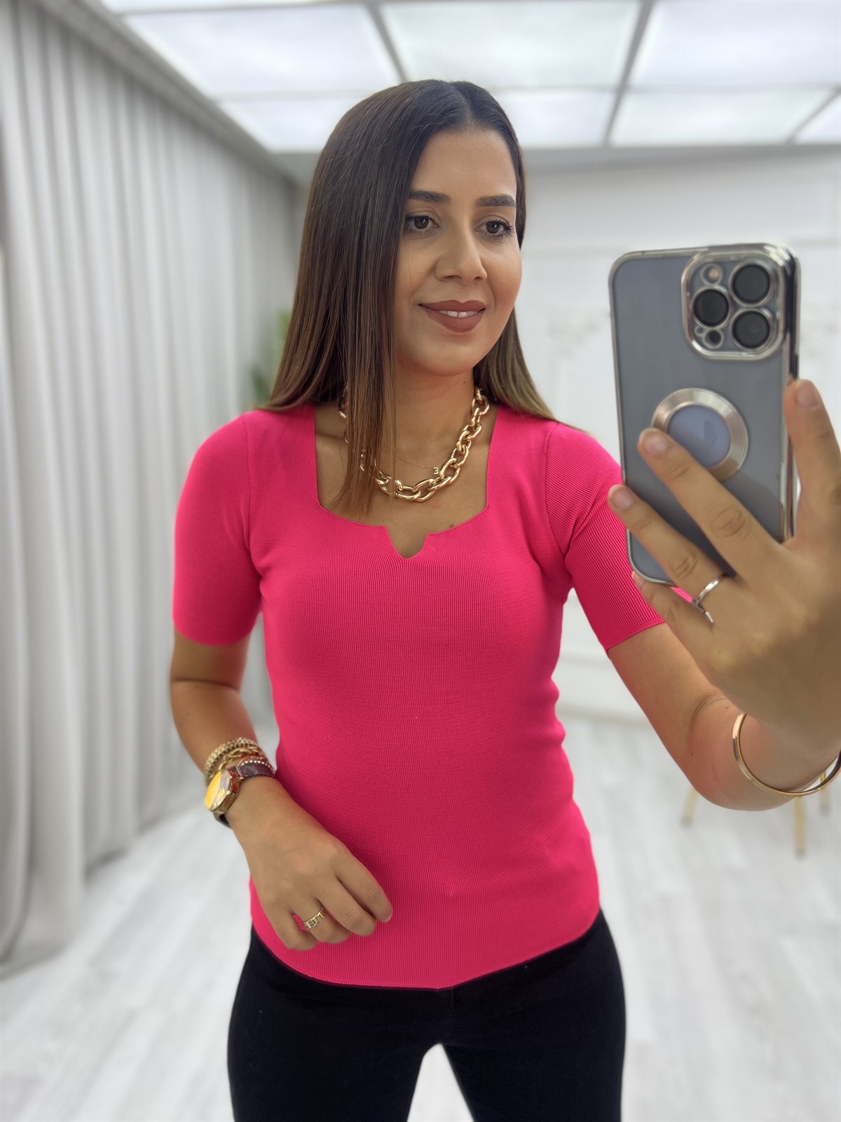 Fitilli Açma V Yaka Yarım Kol Bluz Fuşya