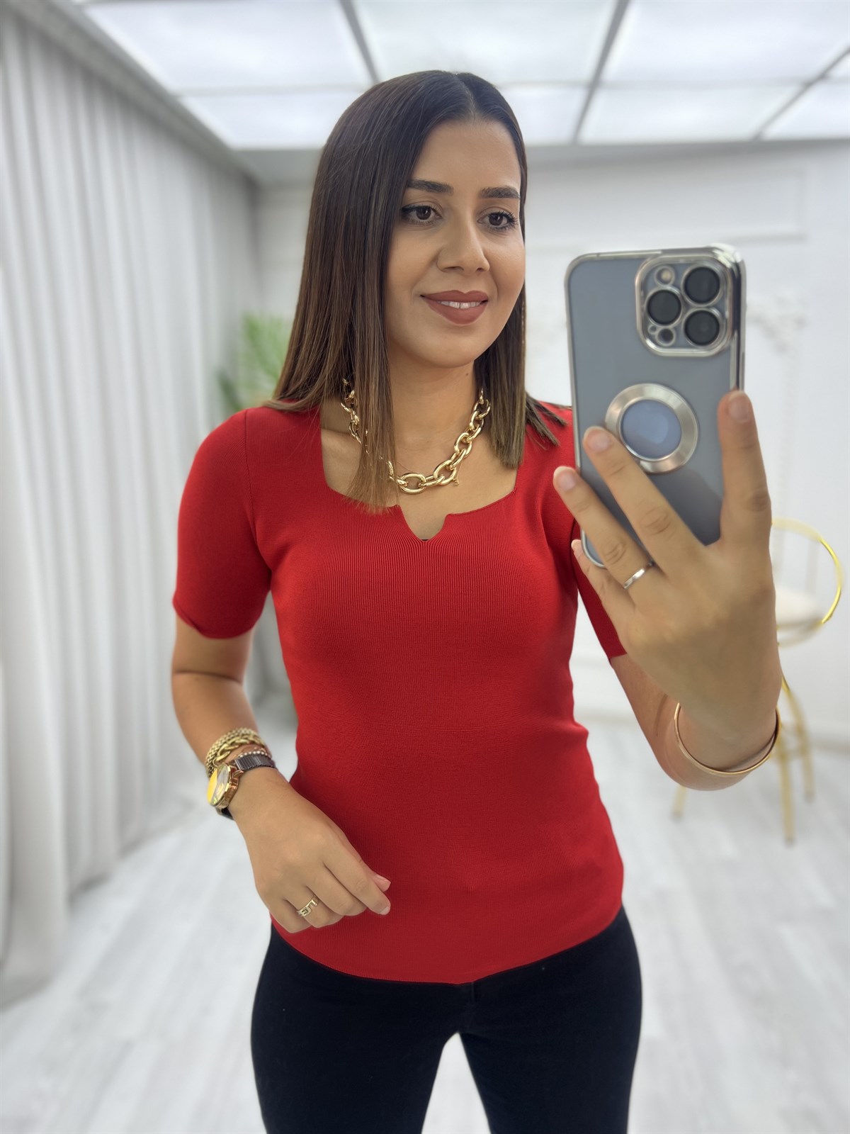 Fitilli Açma V Yaka Yarım Kol Bluz Kırmızı