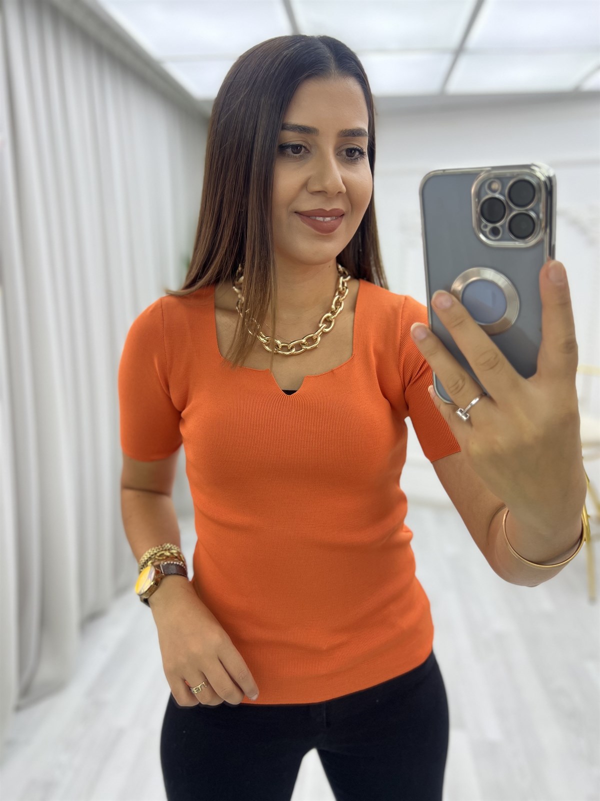 Fitilli Açma V Yaka Yarım Kol Bluz Oranj