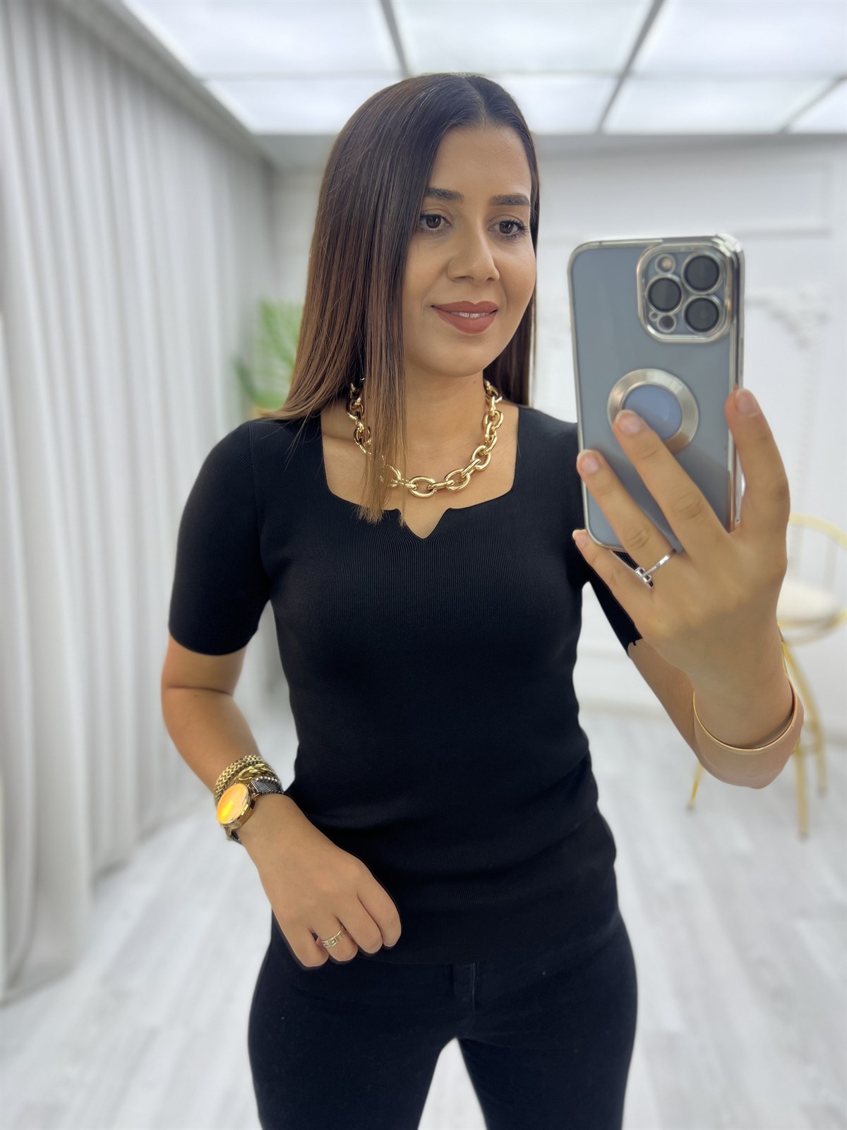 Fitilli Açma V Yaka Yarım Kol Bluz Siyah