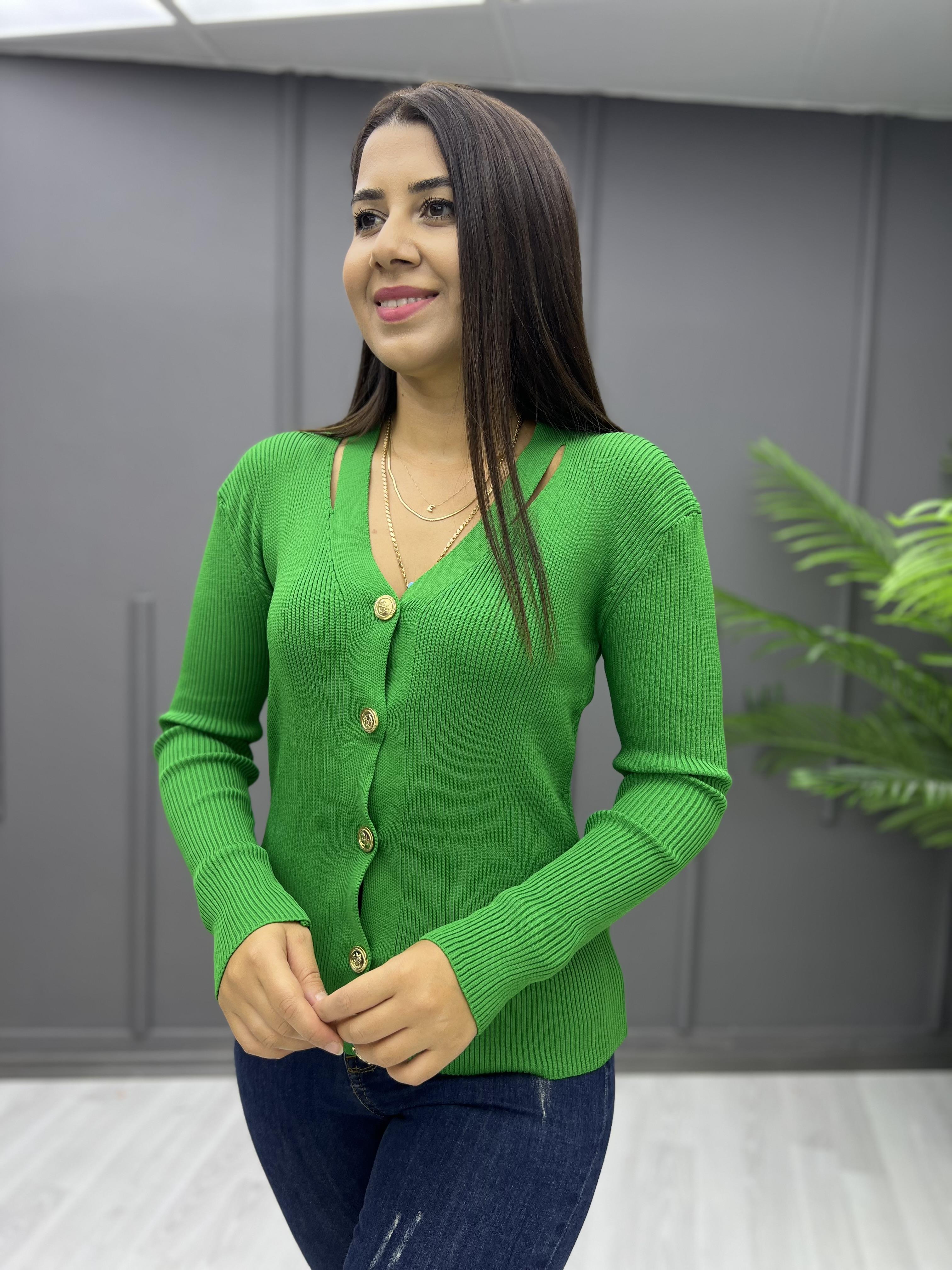 Gold Düğmeli Yaka Dekolteli Hırka Çimenyeşili