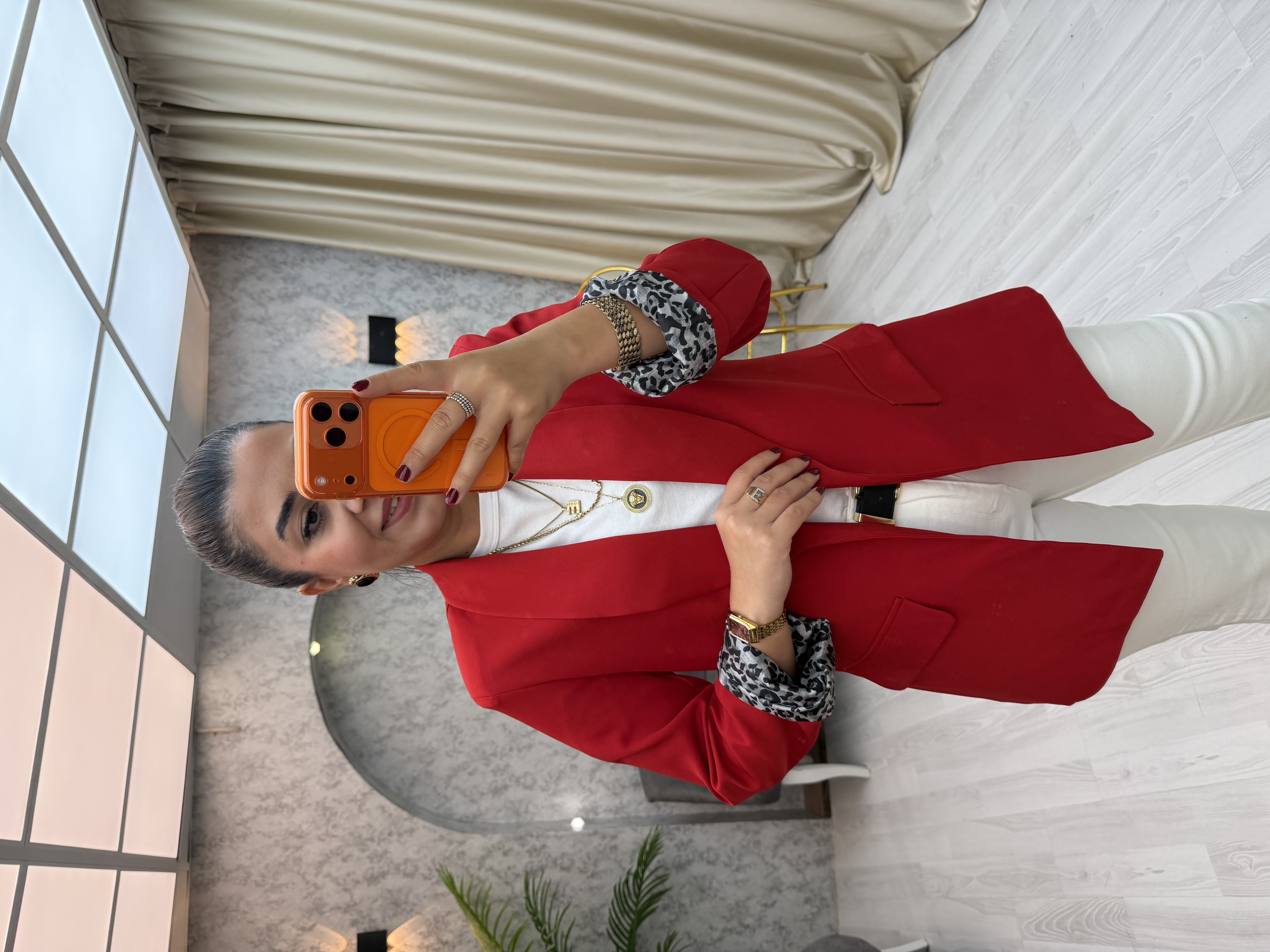 İçi Leopar Desen Blazer Ceket Kırmızı