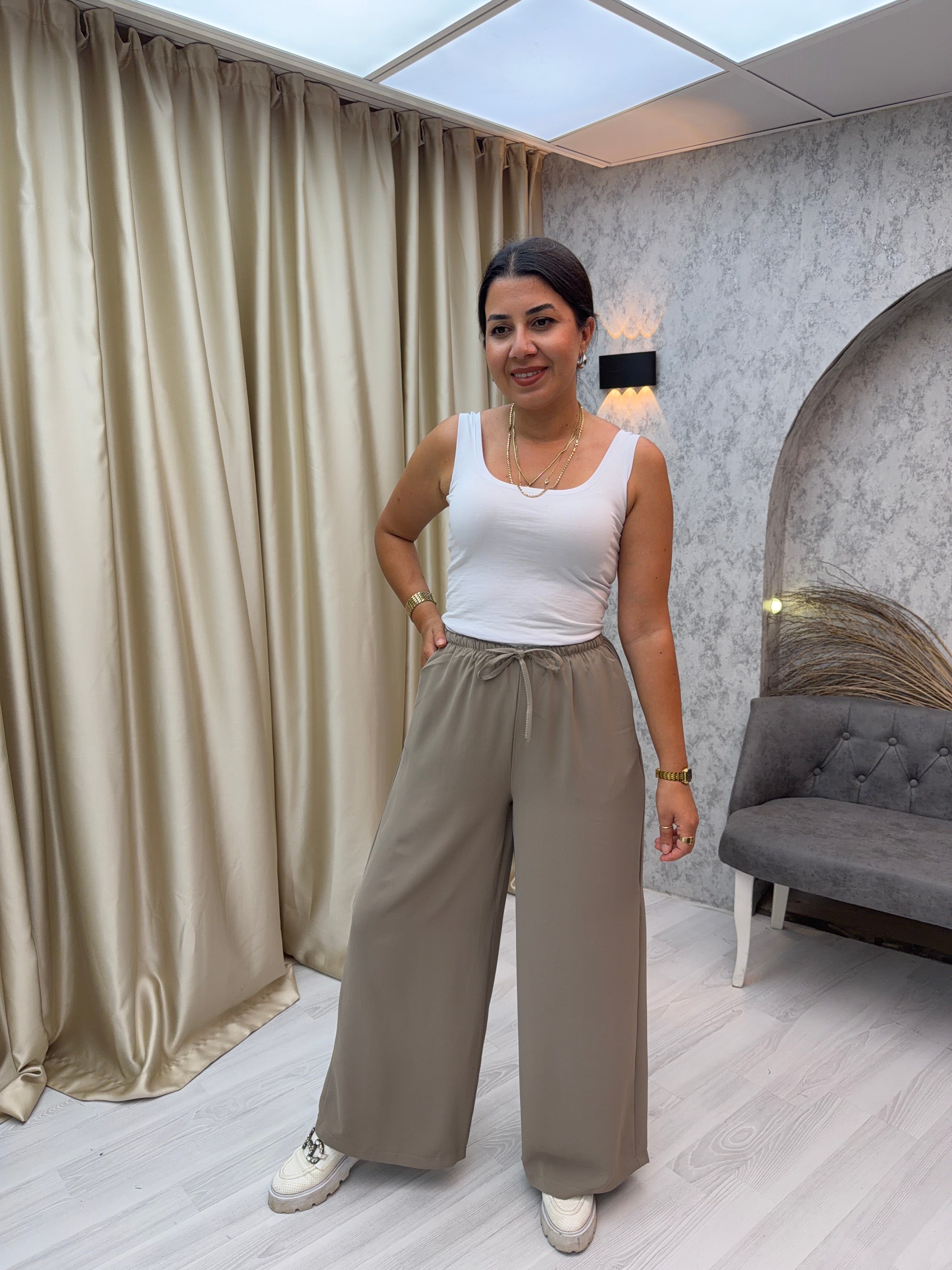 İnce Lastikli Bol Pantolon Vizon