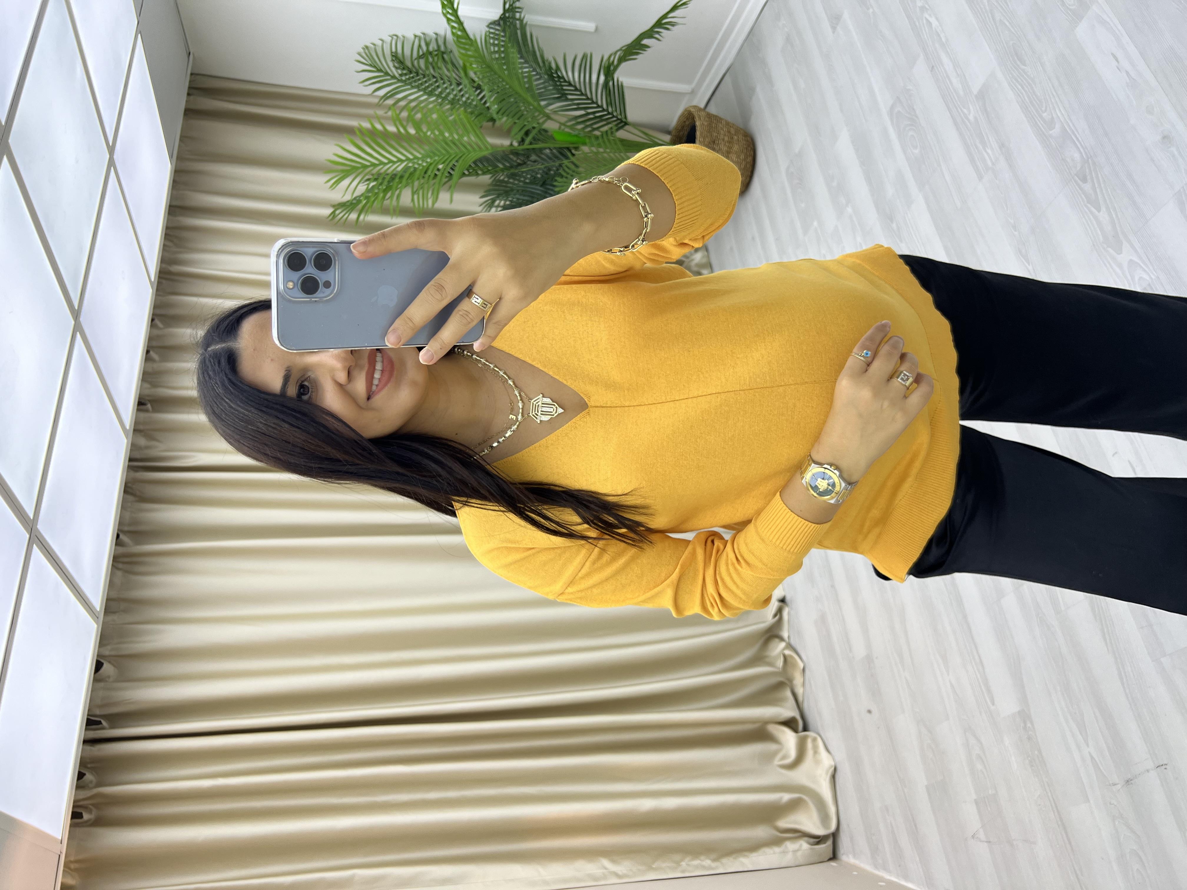 İnce V Yaka Triko Bluz Oranj