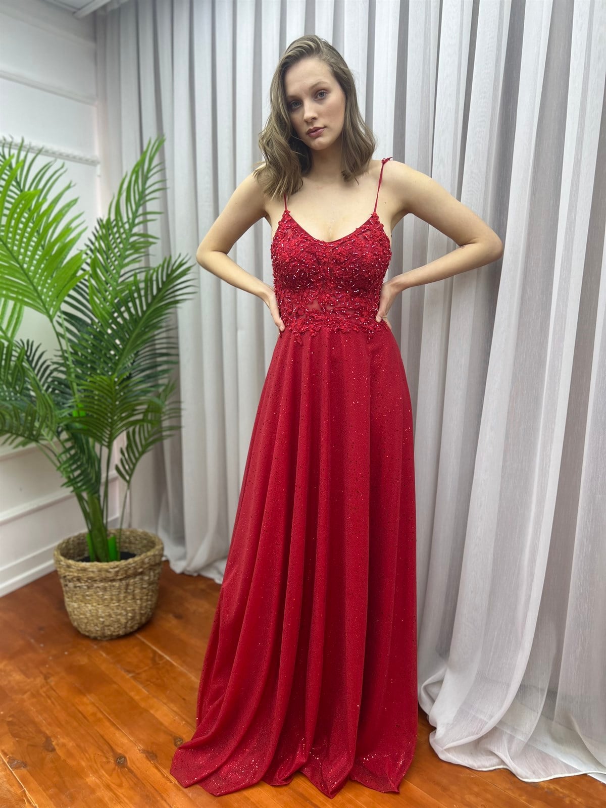 İp Askılı Simli Elbise Kırmızı