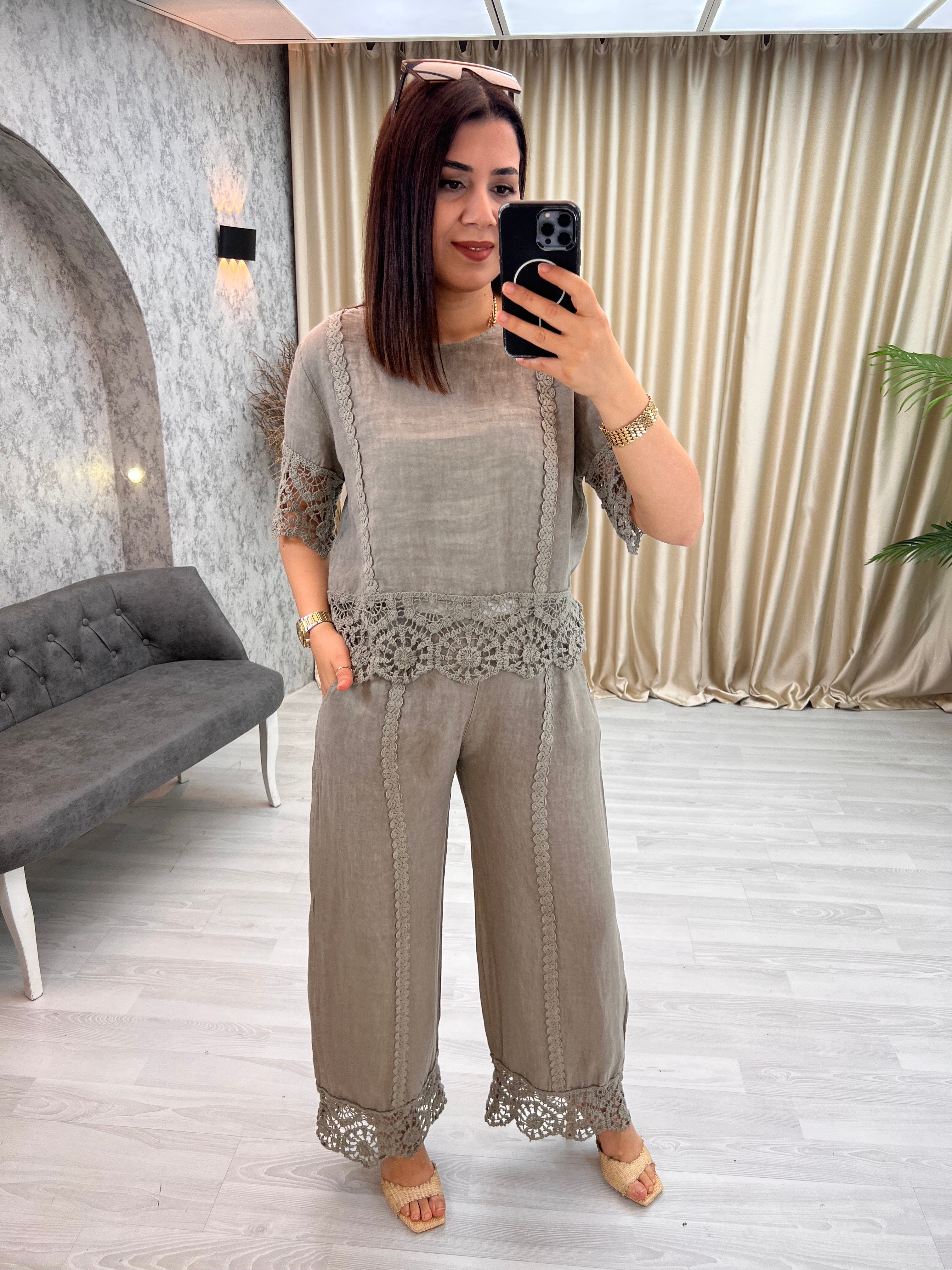 İtalyan Keten Kollar Güpür Takım Gri