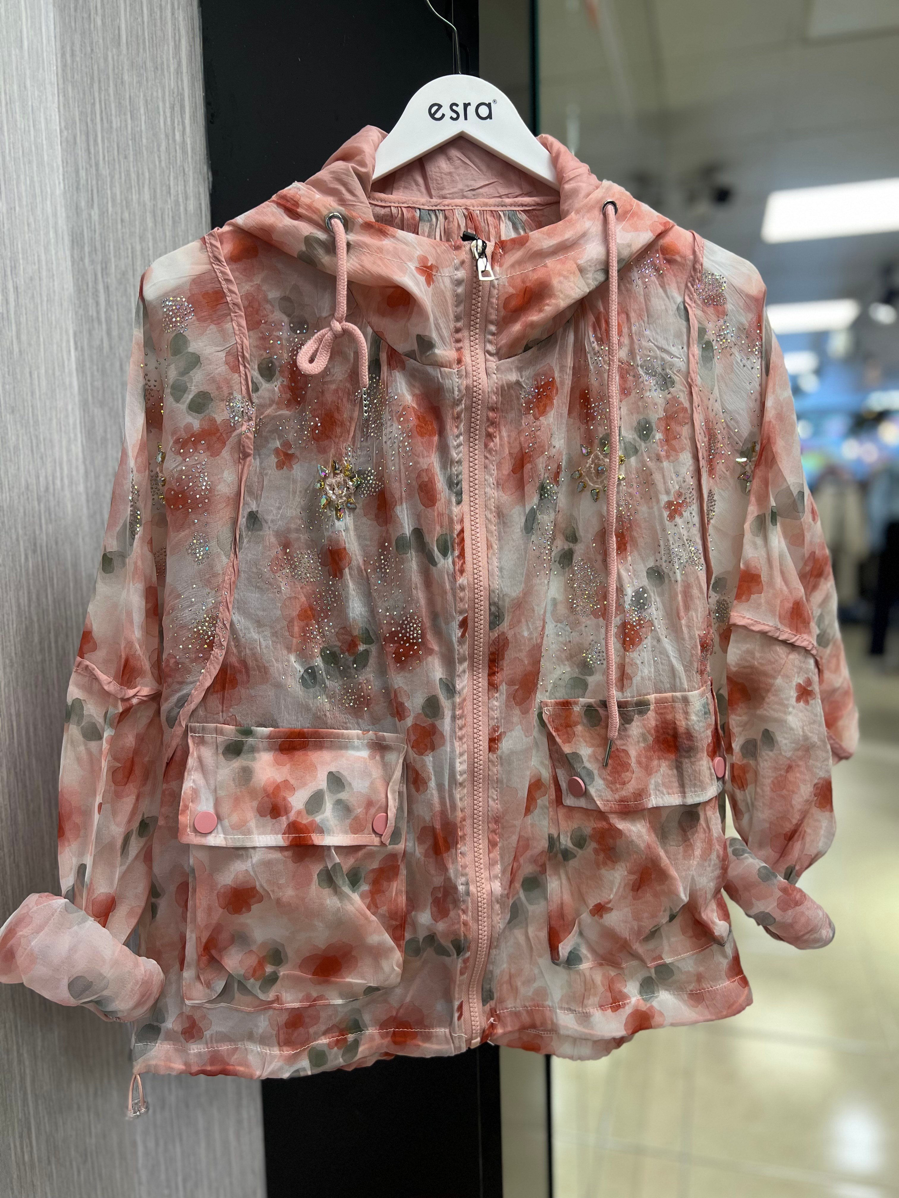 İthal Çiçekli Cepli Kapişonlu Ceket Pembe