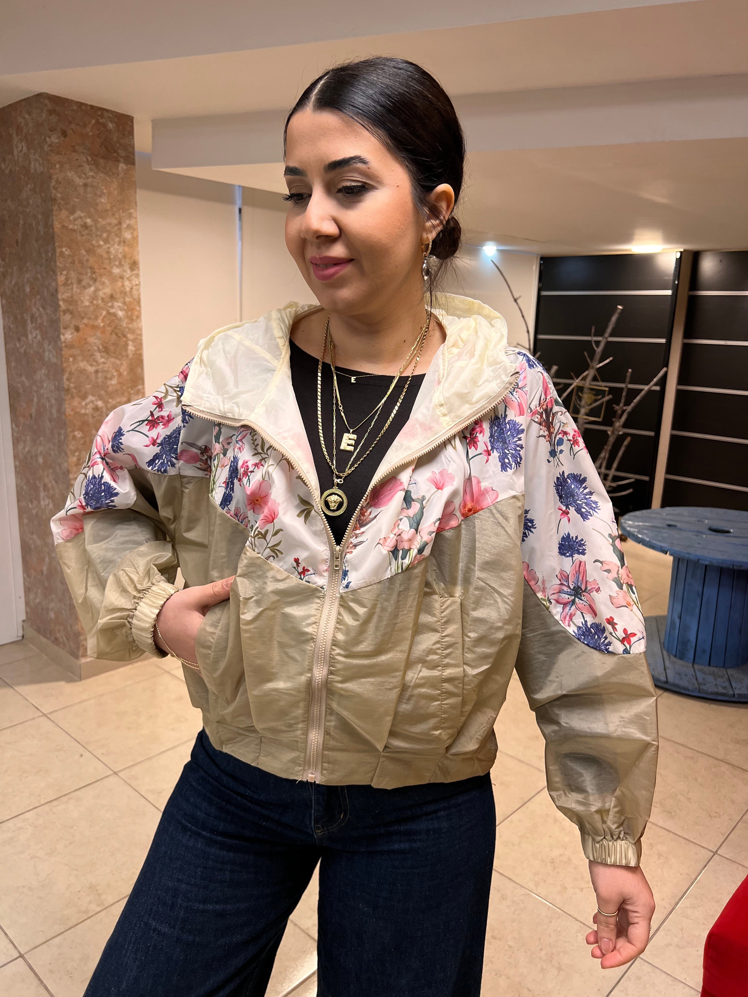 İthal Çiçekli Kapişonlu Ceket Vizon