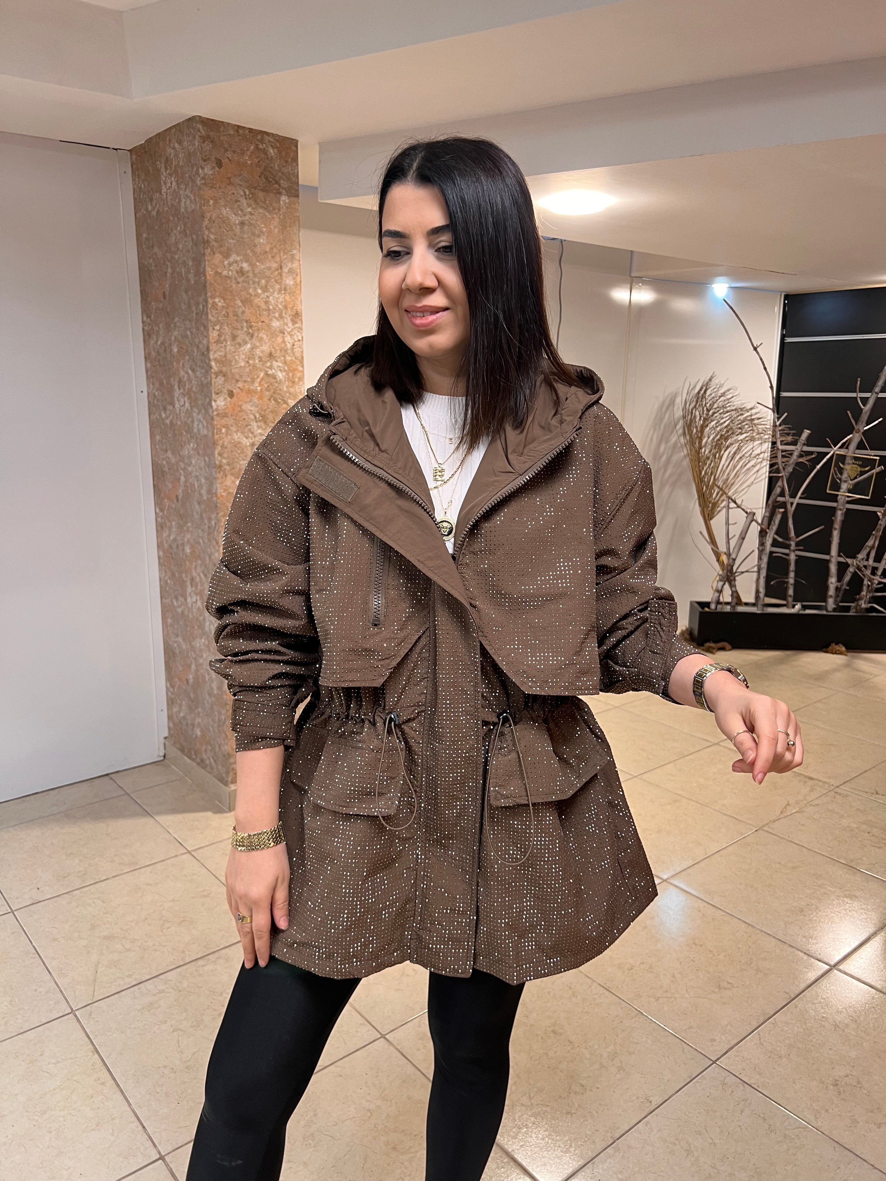 İthal Kapişonlu Taşlı Trençkot Taba