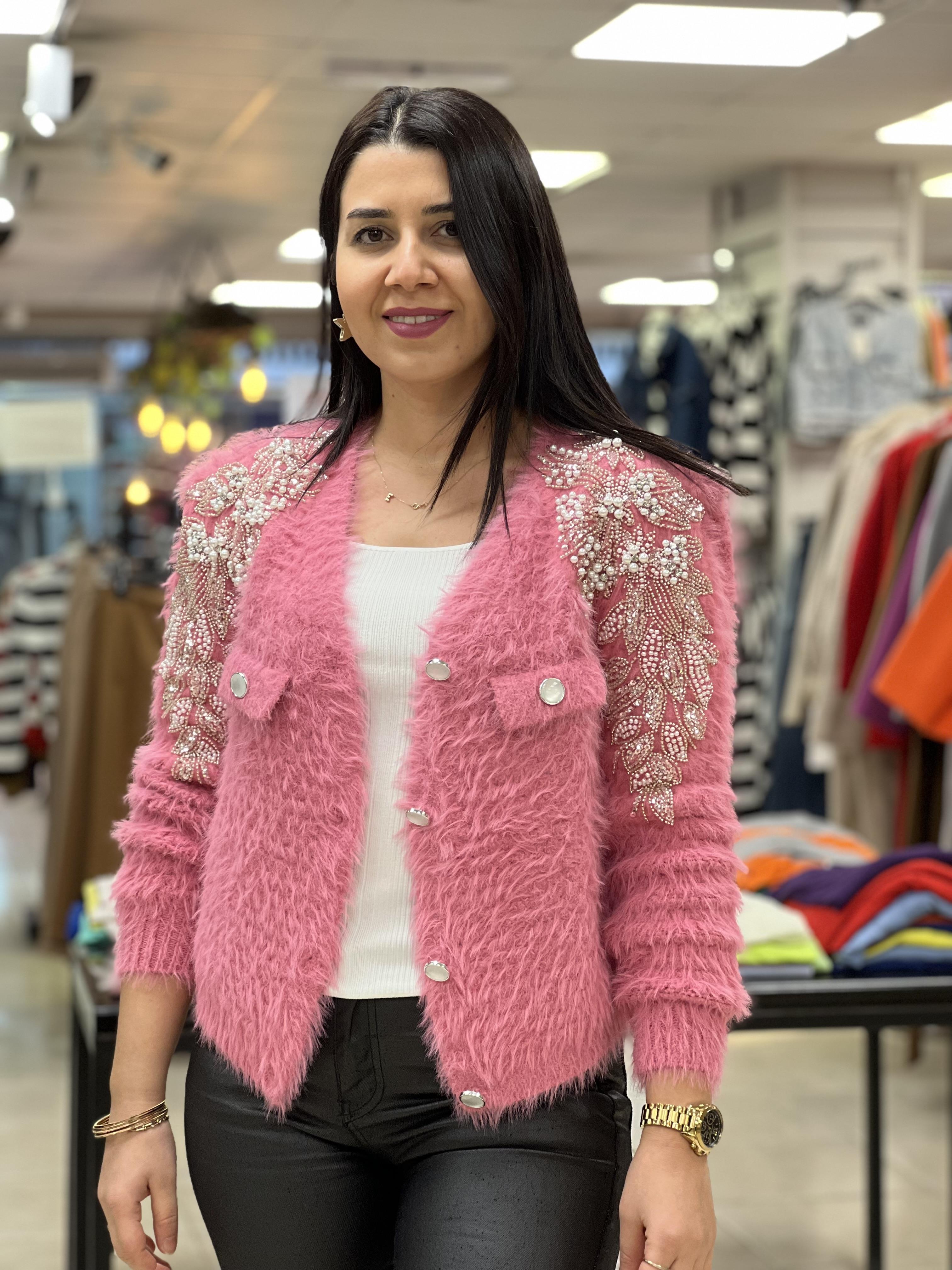 İthal Pembe Taşlı Hırka Pembe