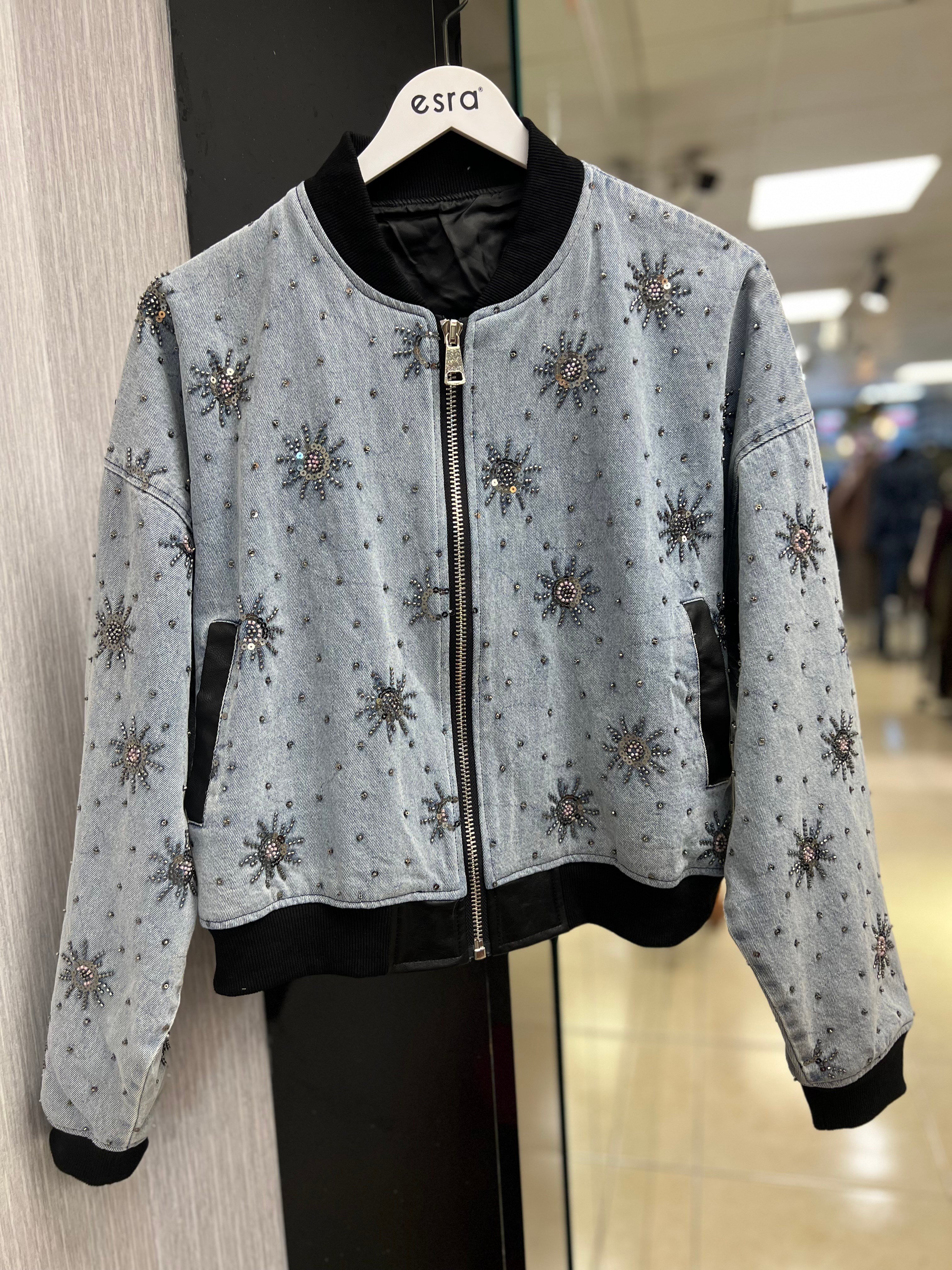 İthal Taşlı Bomber Jean Ceket Mavi