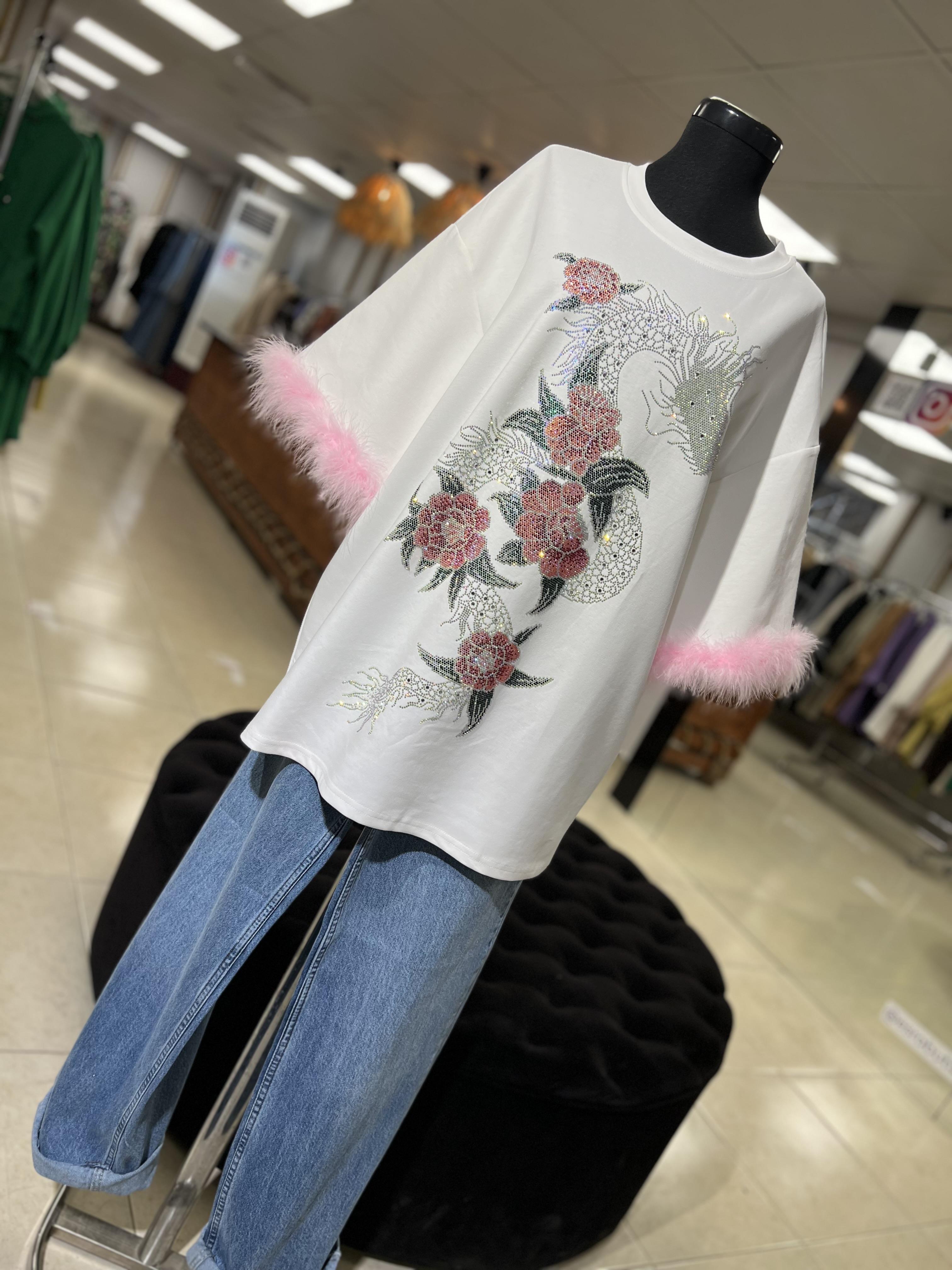 İthal Yılan Taşlı Otrişli  Bluz Beyaz