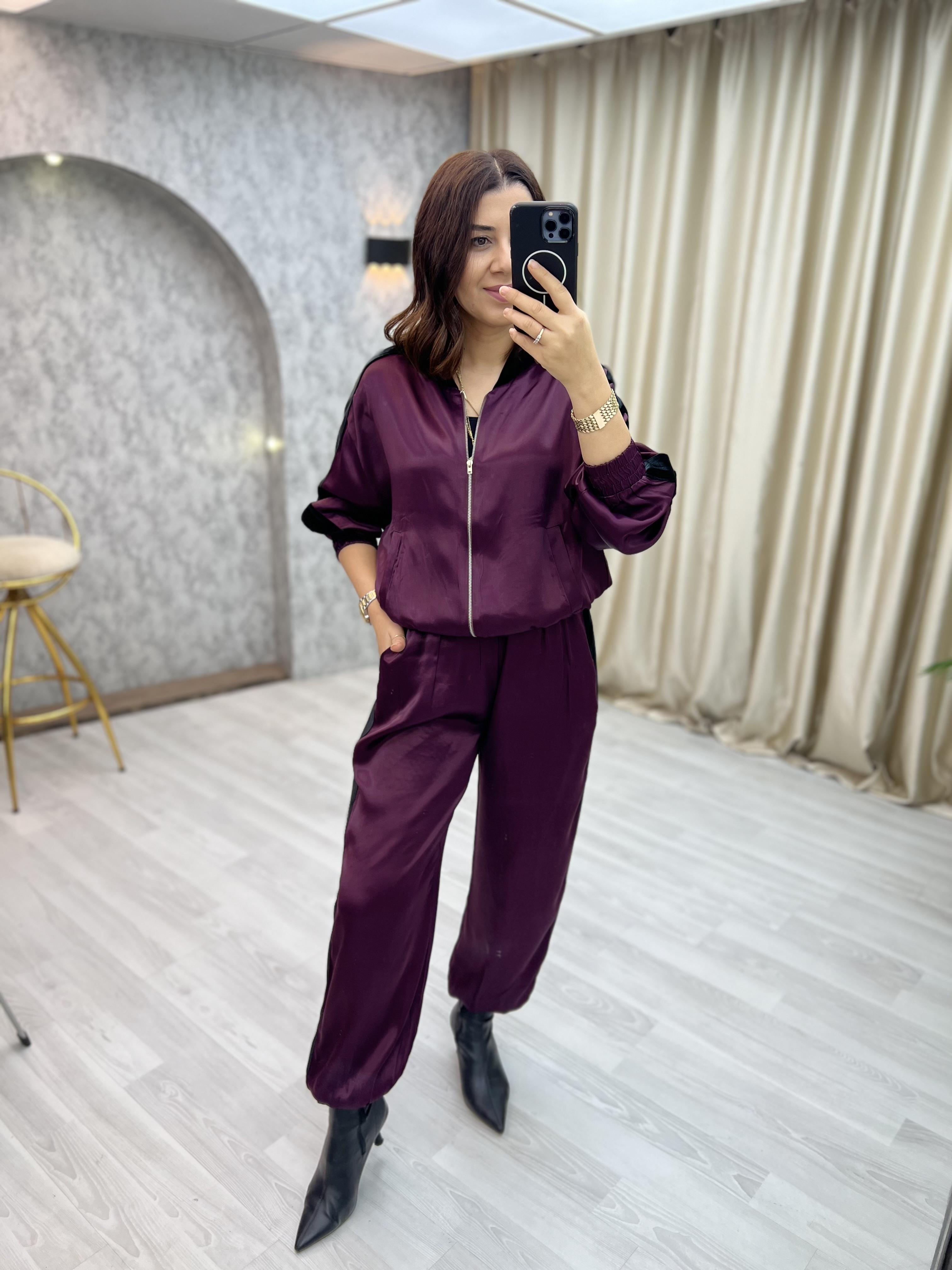 Kadife Şeritli Saten Takım Bordo