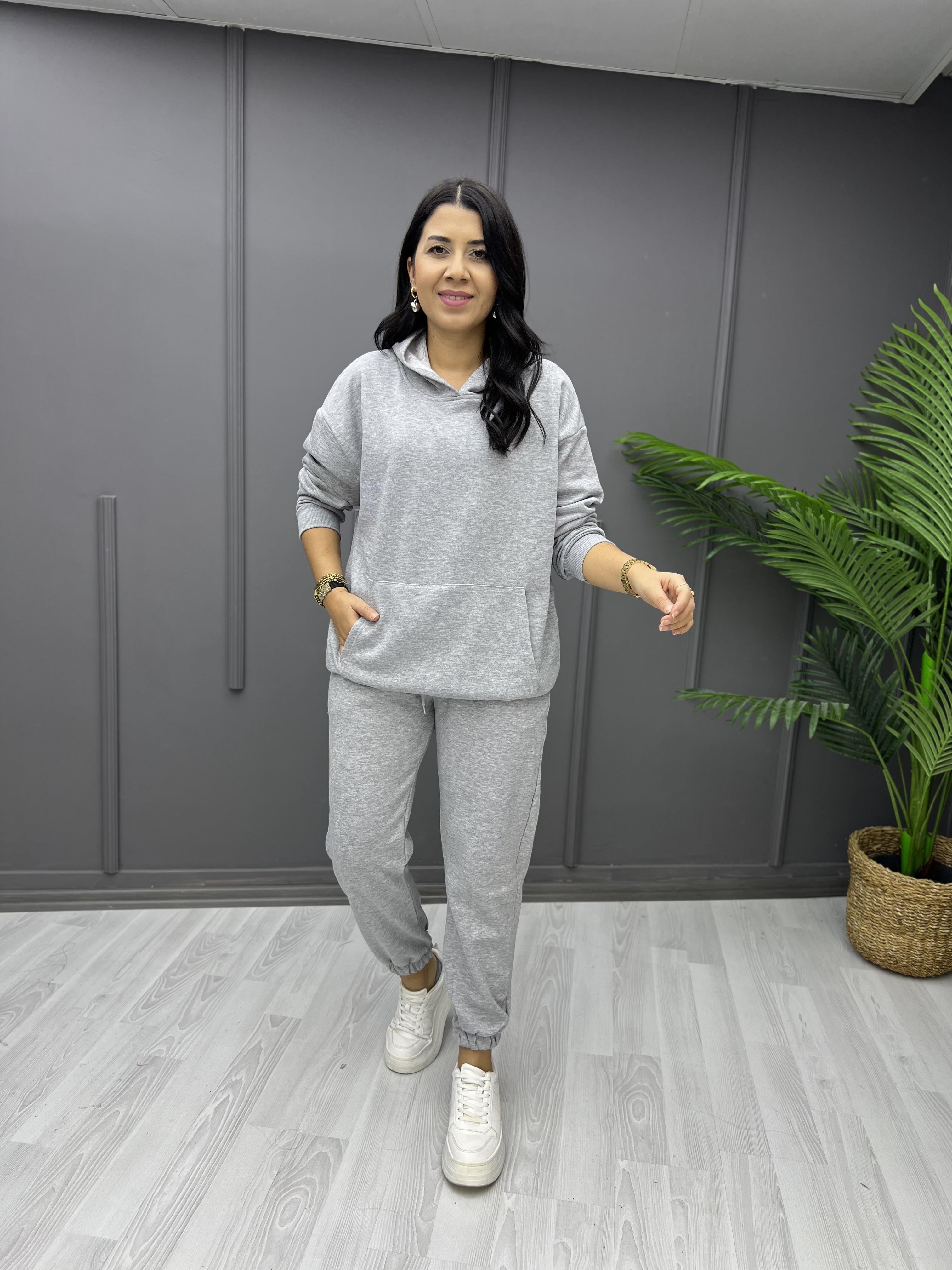 Kapişonlu Şardonlu Eşofman Takım Gri