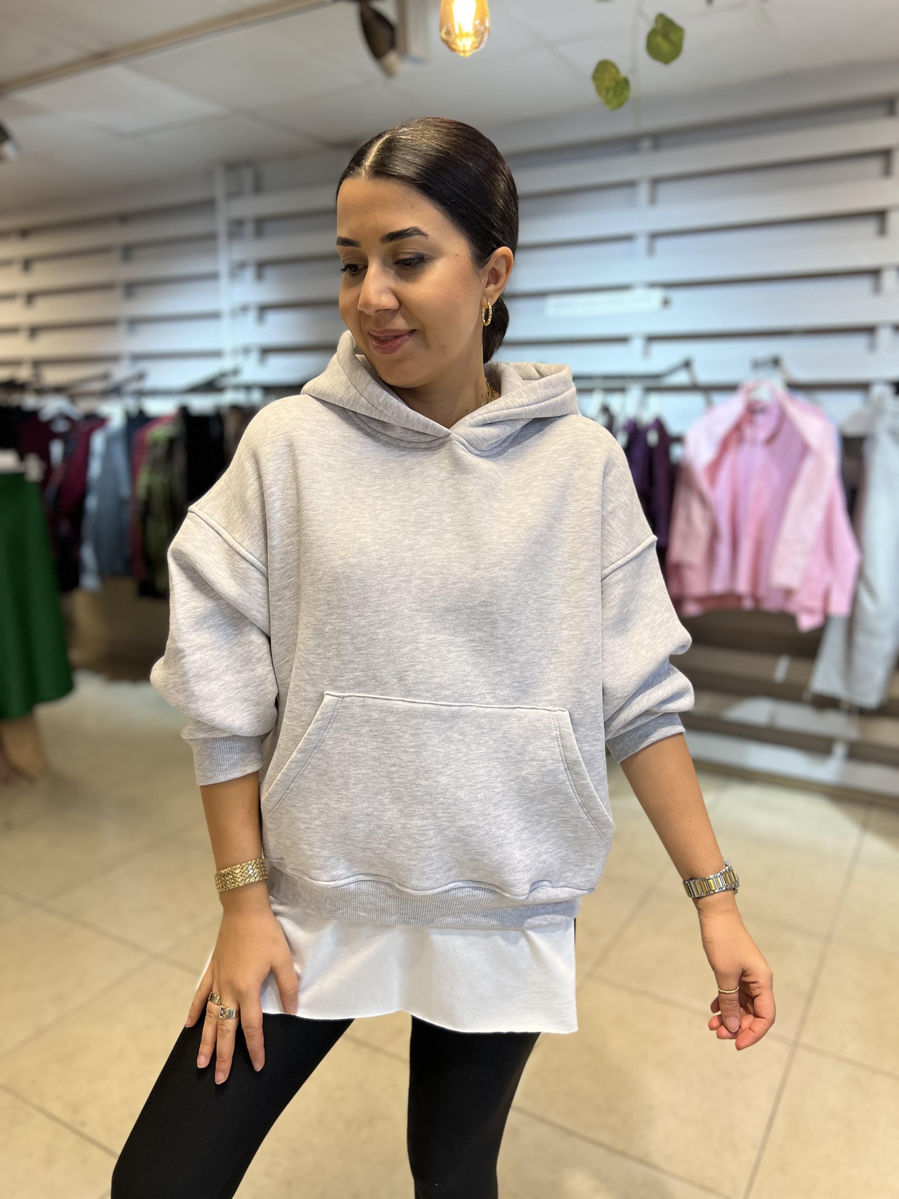 Kapişonlu Şardonlu Sweat Gri