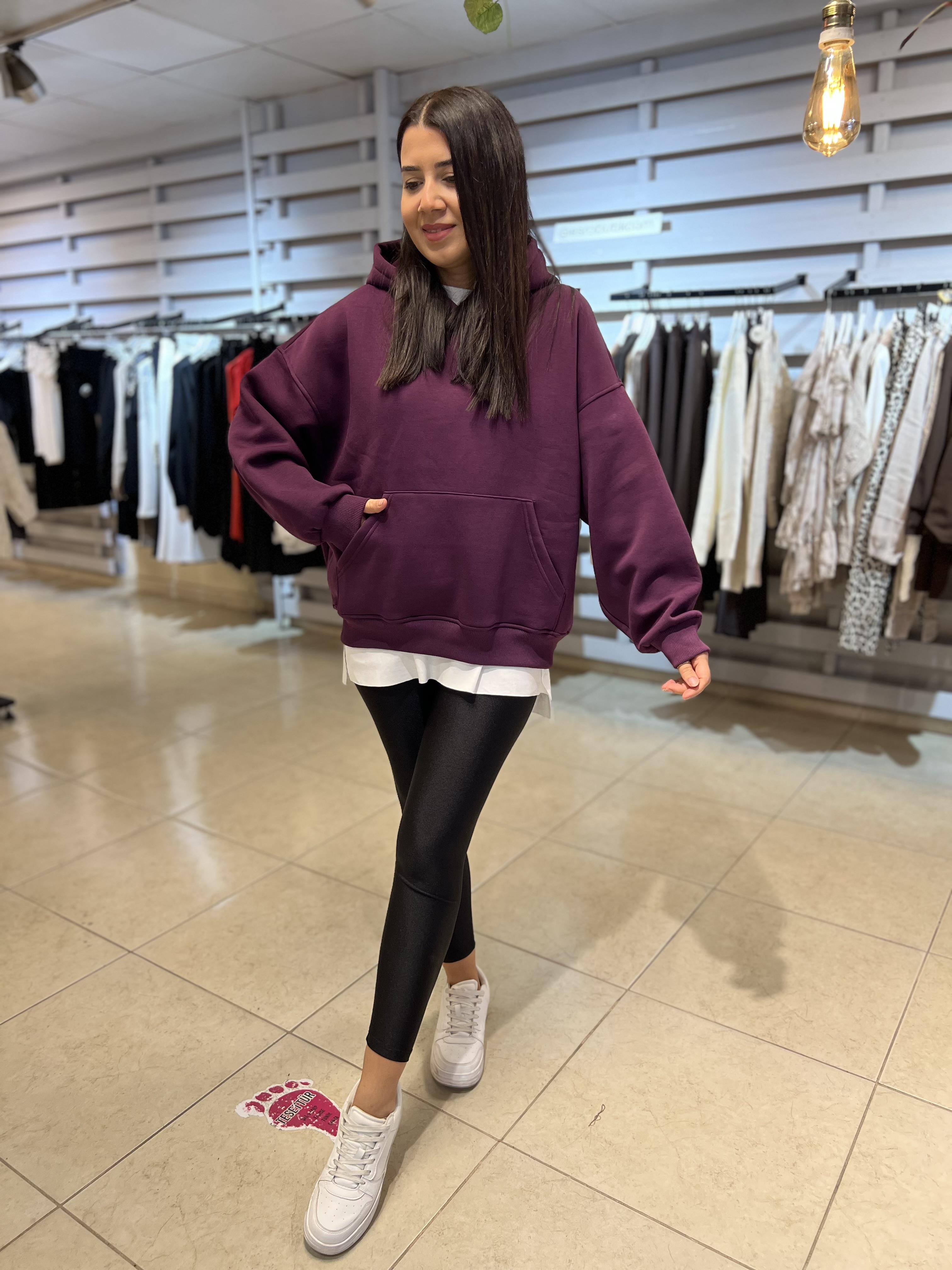 Kapişonlu Şardonlu Sweat Mürdüm