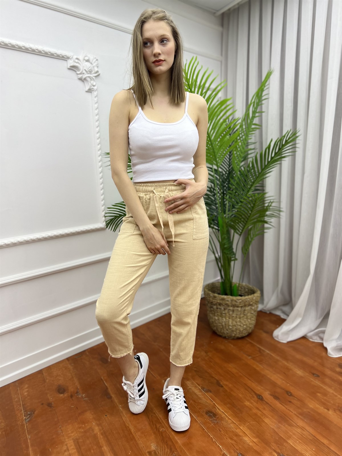 Kare Cepli Keten Pantolon Taş